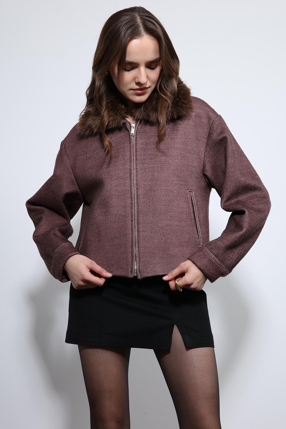 Antioch-Bordo Yün Karışımlı Suni Kürk Yaka Ceket-Ceket-7-Milagron.com
