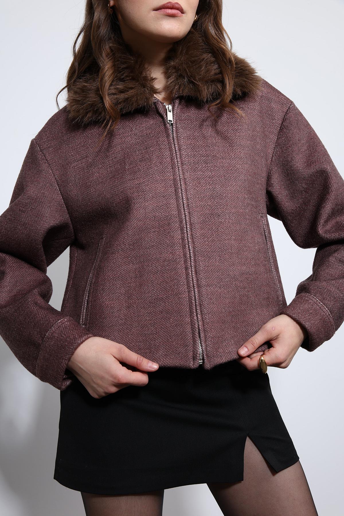 Antioch-Bordo Yün Karışımlı Suni Kürk Yaka Ceket-Ceket-9-Milagron.com