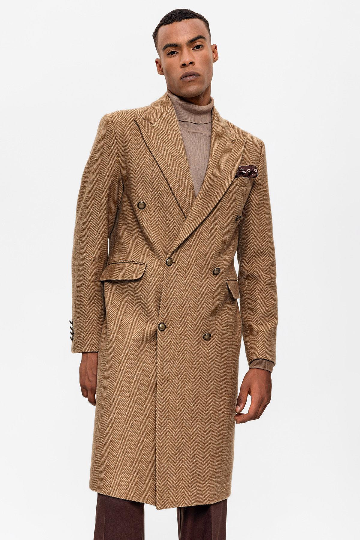 Antioch-Camel Balıksırtı Desenli Kruvaze Erkek Kaban-Kaban-1-Milagron.com