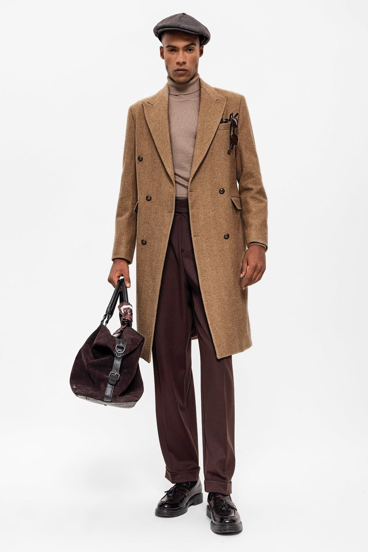 Antioch-Camel Balıksırtı Desenli Kruvaze Erkek Kaban-Kaban-3-Milagron.com