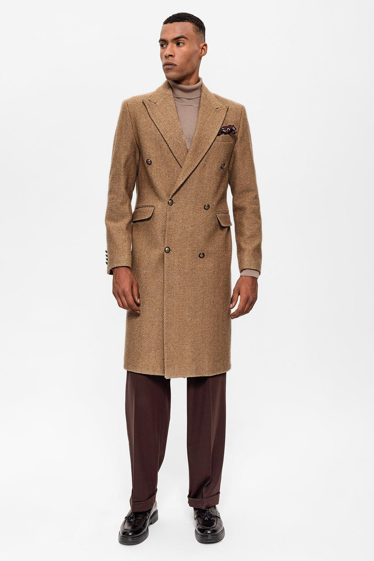 Antioch-Camel Balıksırtı Desenli Kruvaze Erkek Kaban-Kaban-4-Milagron.com