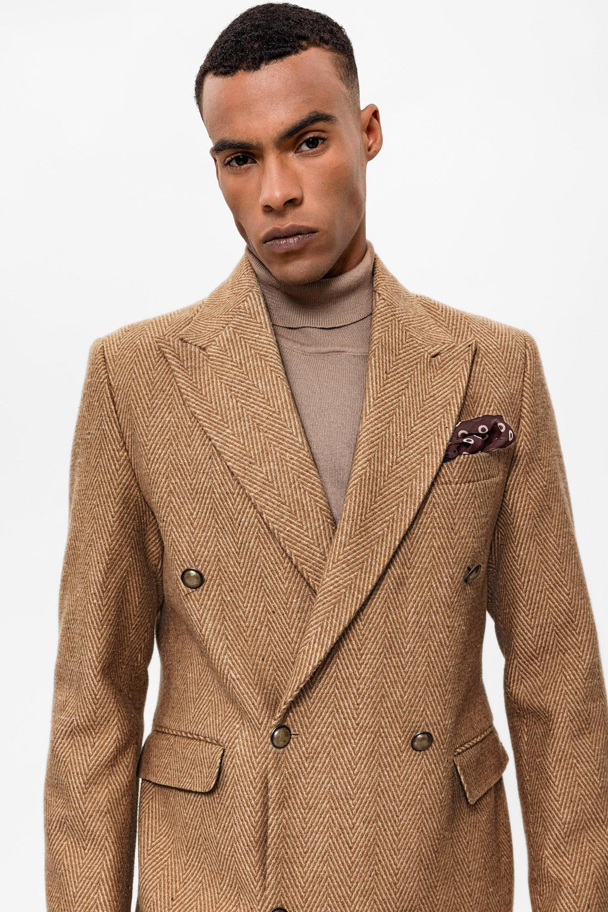 Antioch-Camel Balıksırtı Desenli Kruvaze Erkek Kaban-Kaban-5-Milagron.com