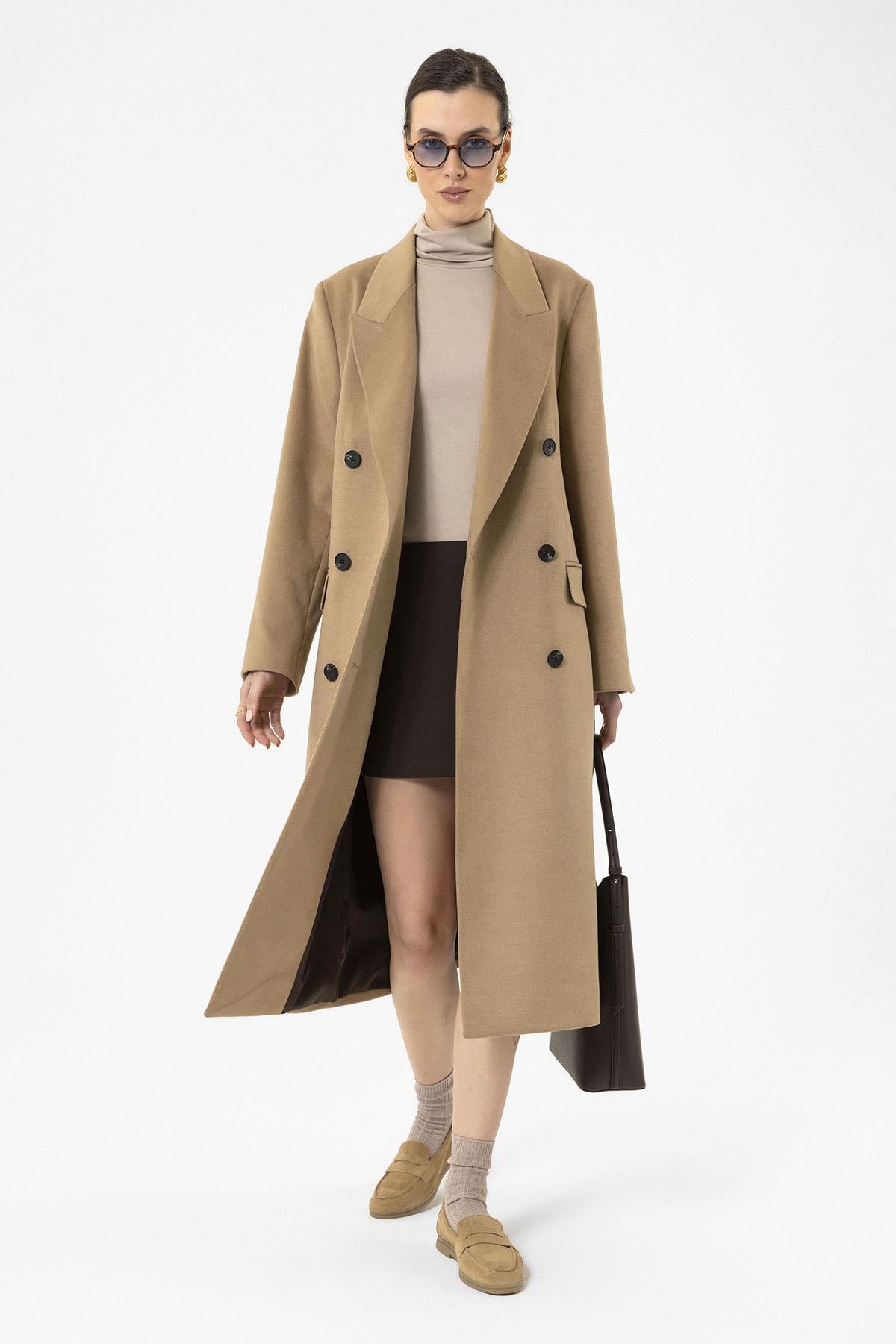 Antioch-Camel Kadın Kruvaze Uzun Kaban-Kaban-1-Milagron.com