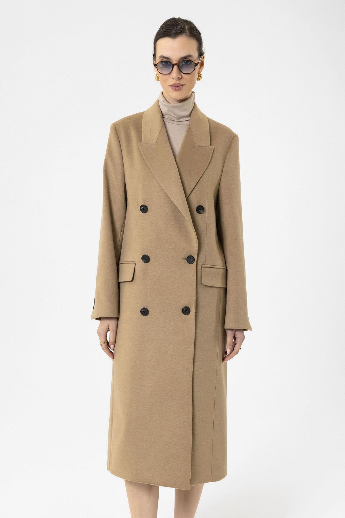 Antioch-Camel Kadın Kruvaze Uzun Kaban-Kaban-3-Milagron.com