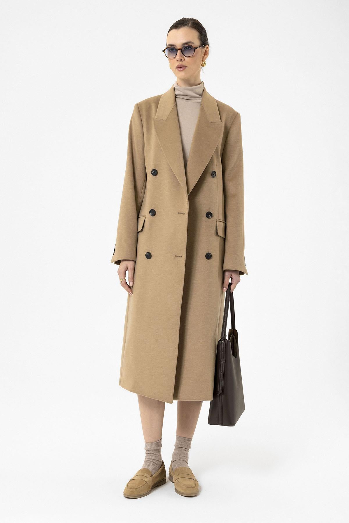 Antioch-Camel Kadın Kruvaze Uzun Kaban-Kaban-4-Milagron.com