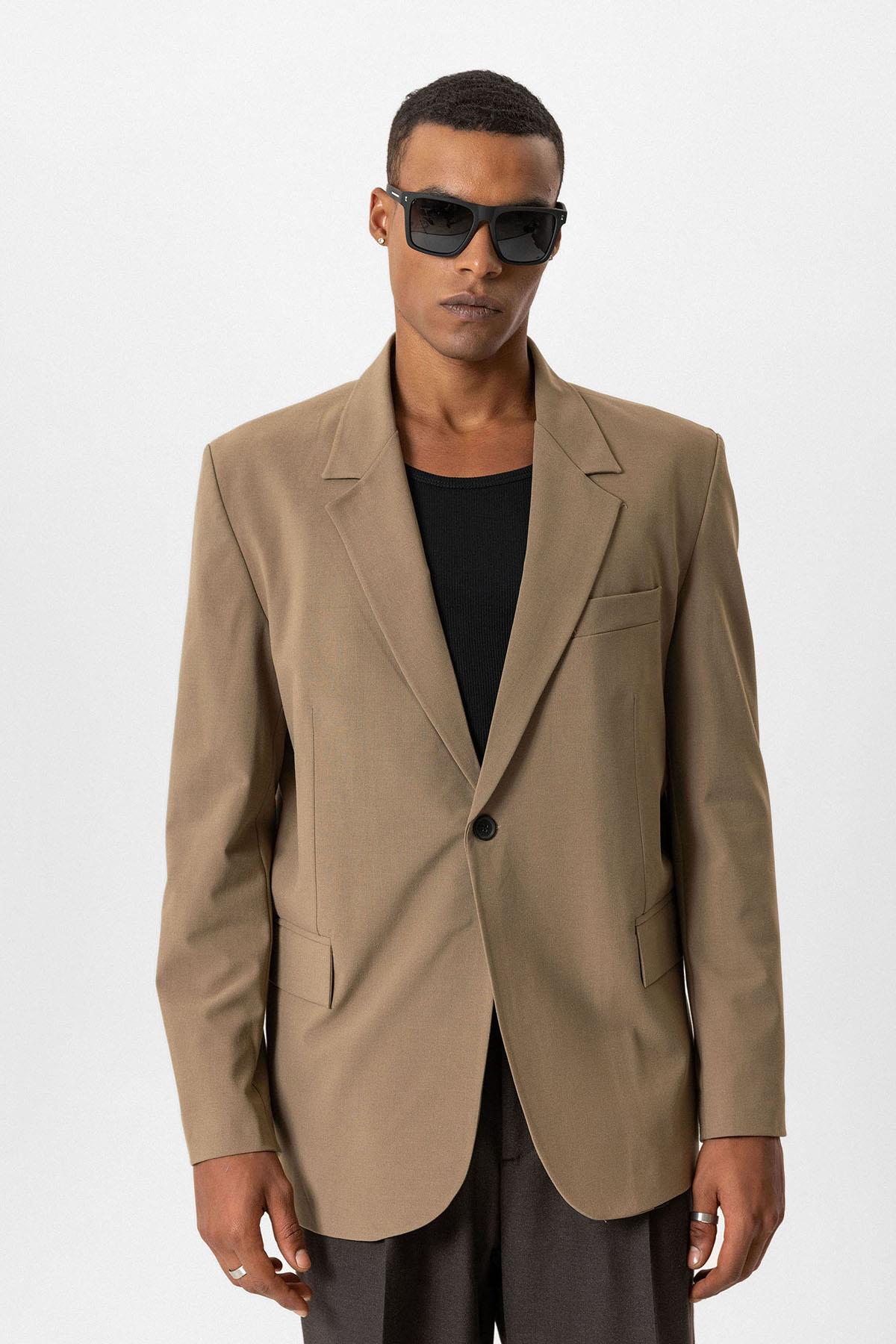 Antioch-Camel Tek Düğme Kapama Relax Fit Erkek Ceket-Ceket-1-Milagron.com