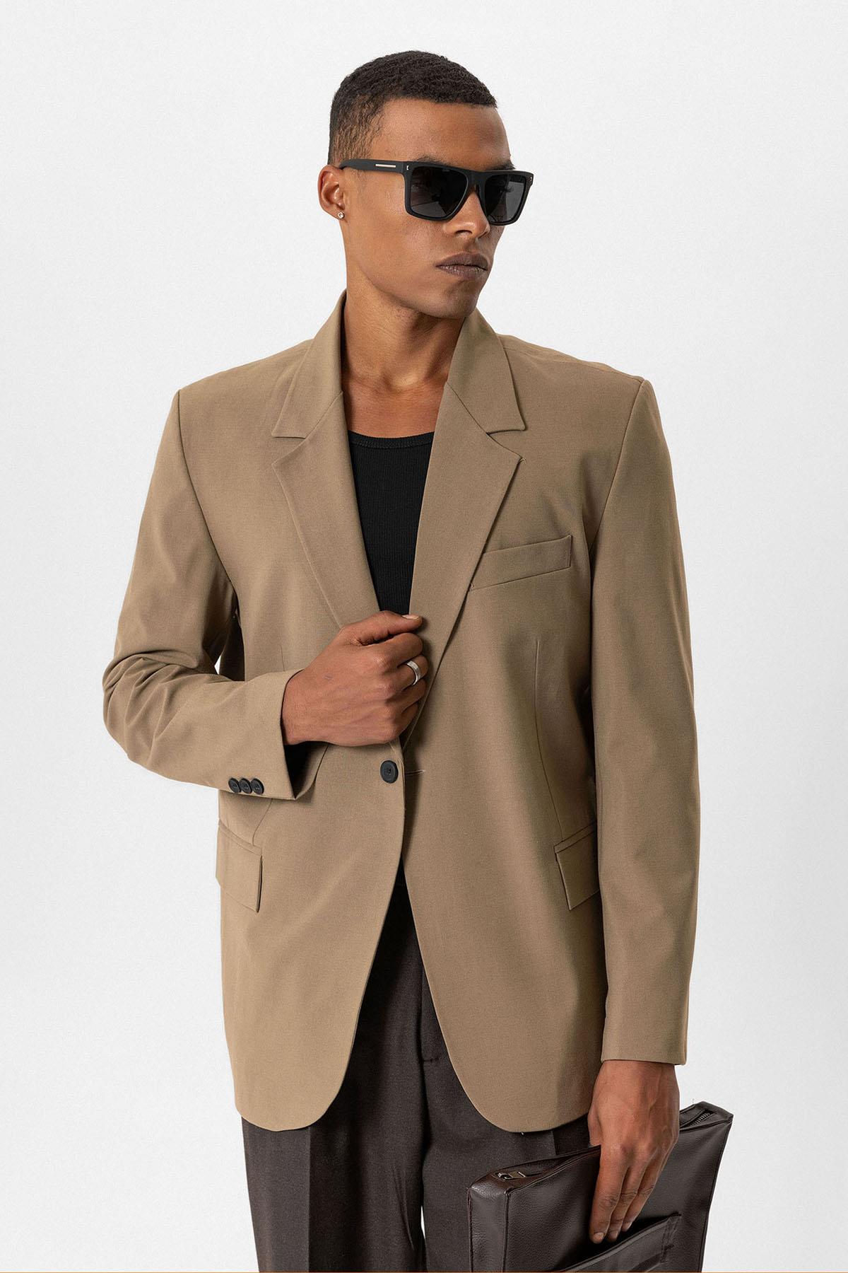 Antioch-Camel Tek Düğme Kapama Relax Fit Erkek Ceket-Ceket-3-Milagron.com