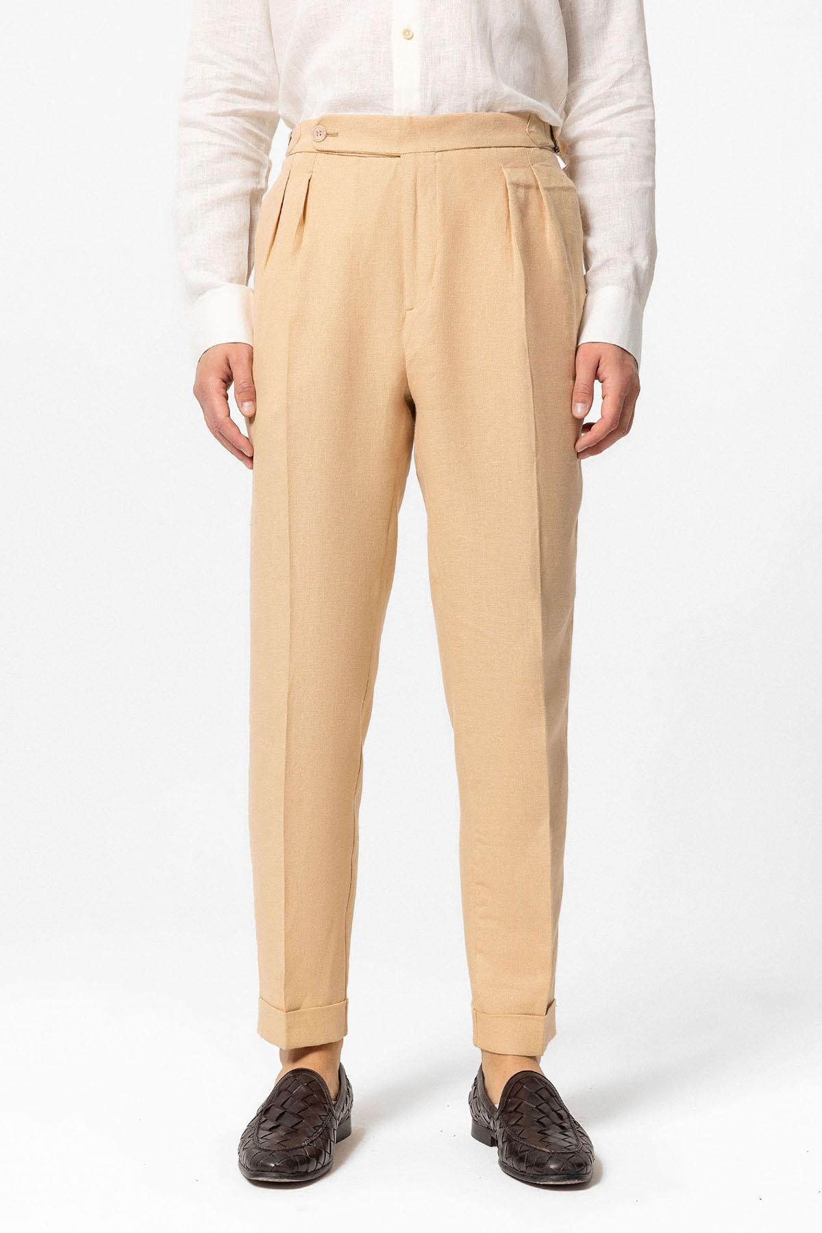 Antioch-Camel Yüksek Bel %100 Keten Pileli Erkek Pantolon-Kumaş Pantolon-1-Milagron.com