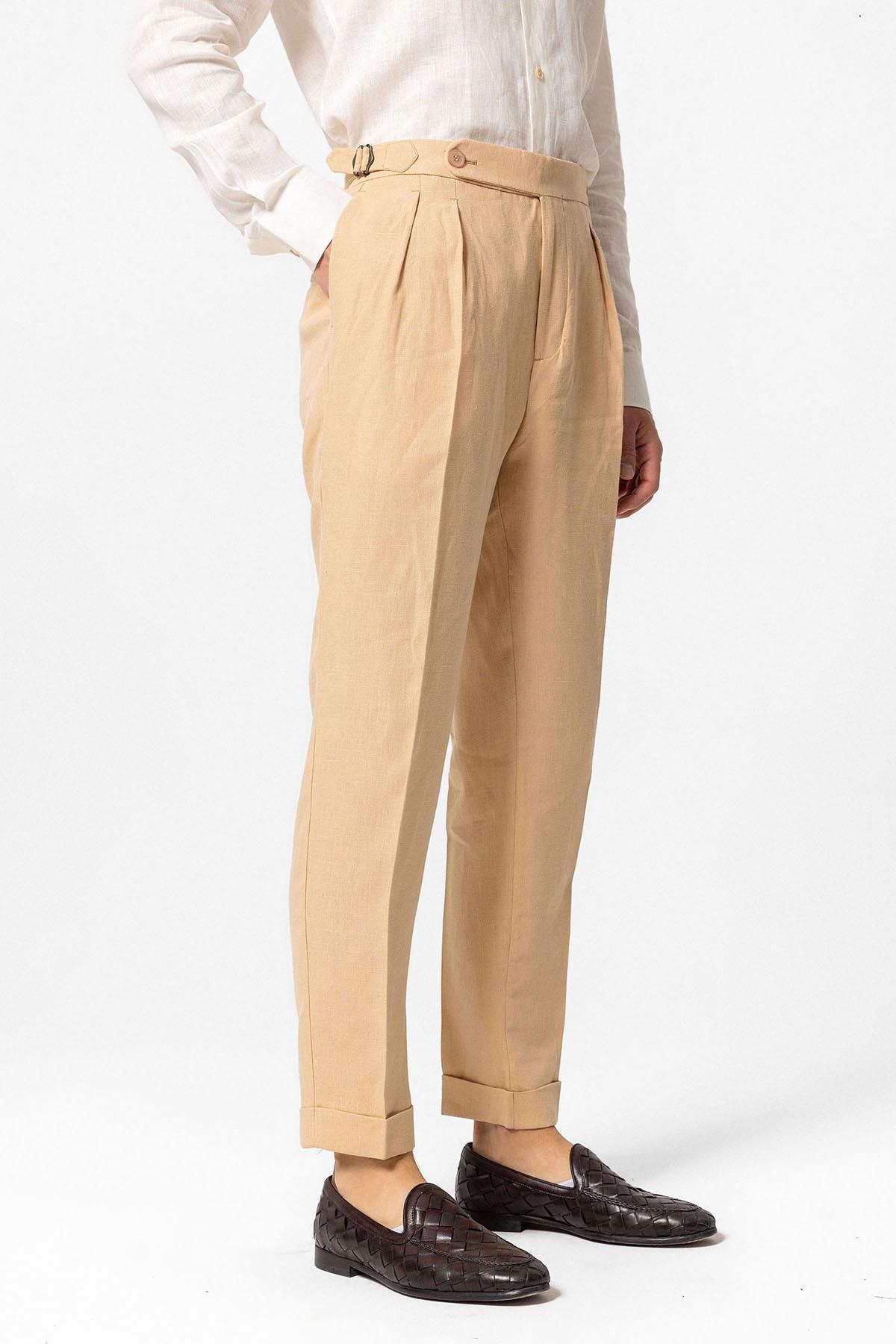 Antioch-Camel Yüksek Bel %100 Keten Pileli Erkek Pantolon-Kumaş Pantolon-3-Milagron.com