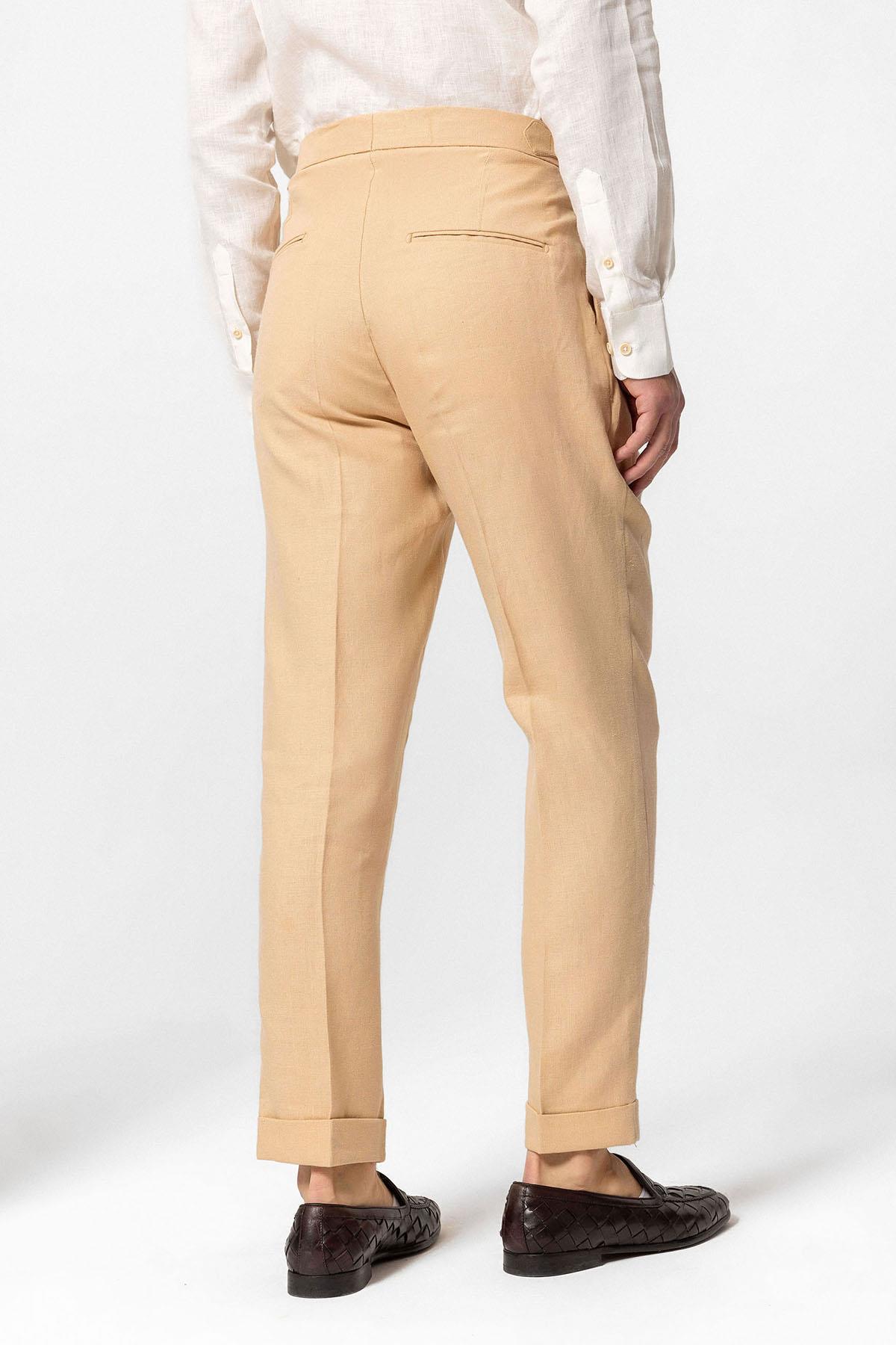 Antioch-Camel Yüksek Bel %100 Keten Pileli Erkek Pantolon-Kumaş Pantolon-5-Milagron.com