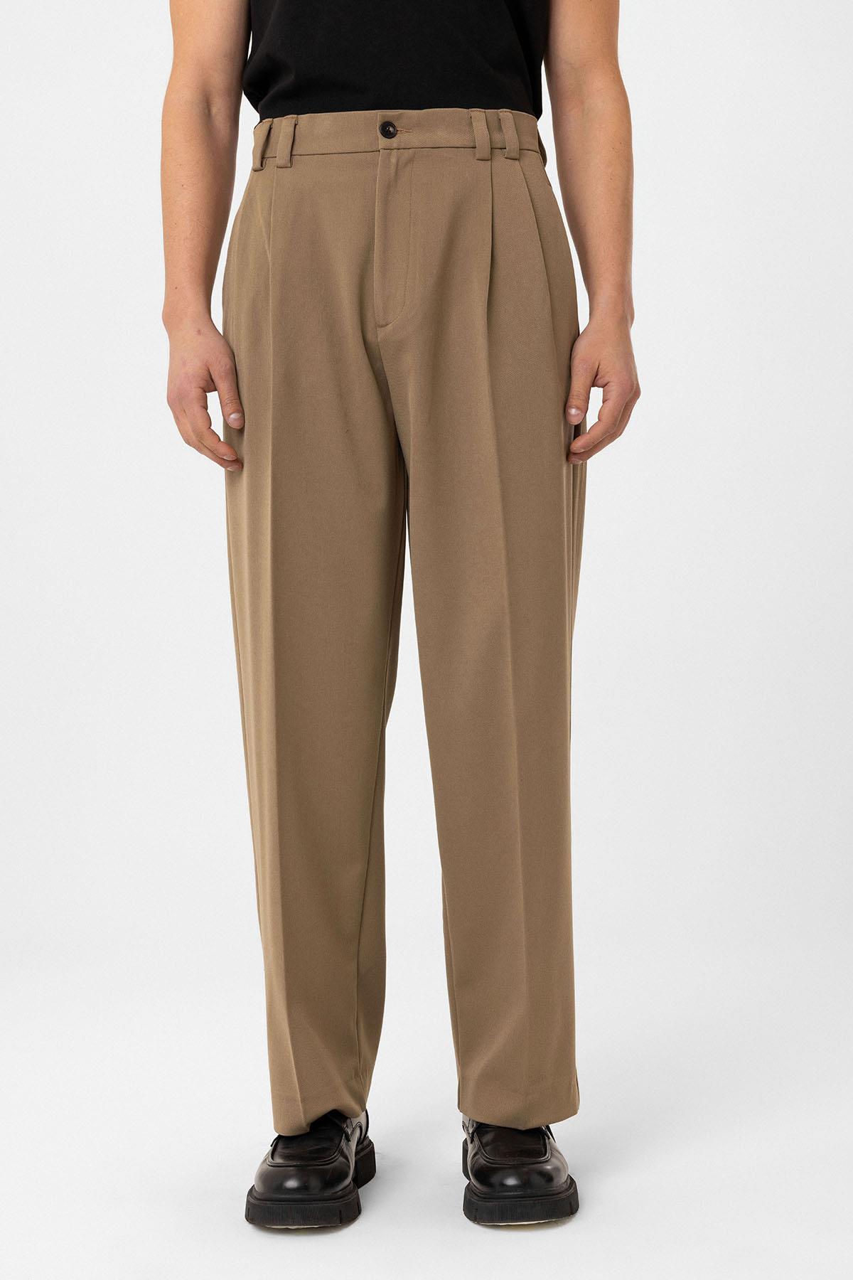 Antioch-Camel Yüksel Bel Relax Fit Pileli Erkek Pantolon-Kumaş Pantolon-1-Milagron.com