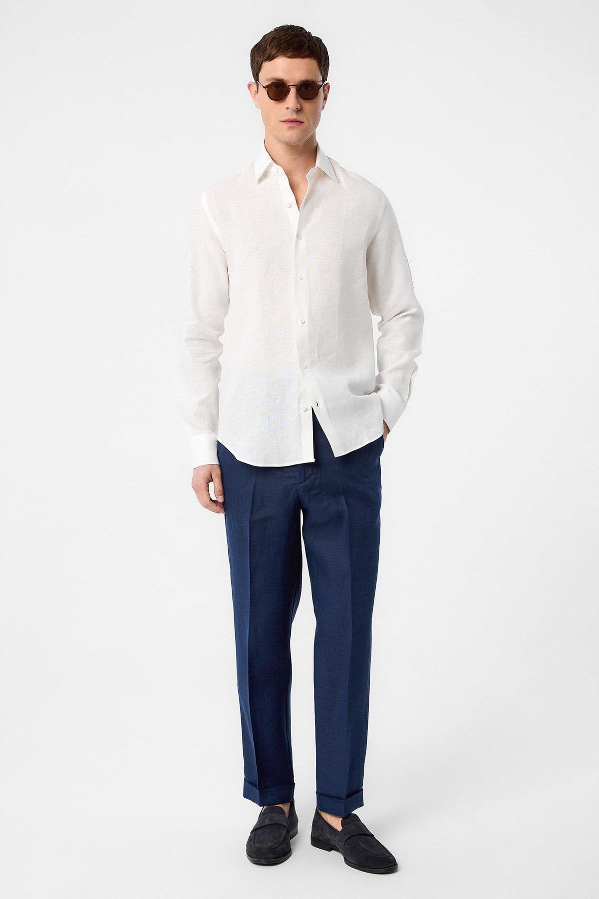 Antioch-Antioch Ekru 100% Keten Comfort Fit Erkek Gömlek-Gömlek-1-Milagron.com