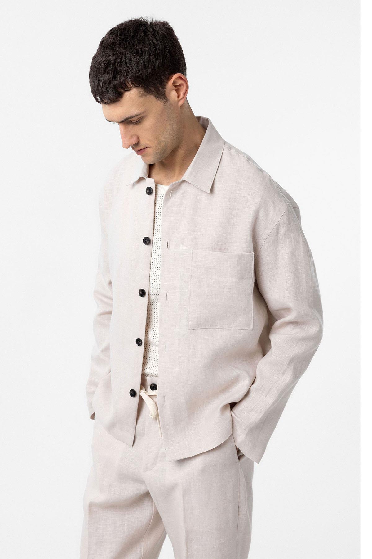Antioch-Ekru 100% Keten Relax Fit Erkek İnce Ceket-Ceket-1-Milagron.com