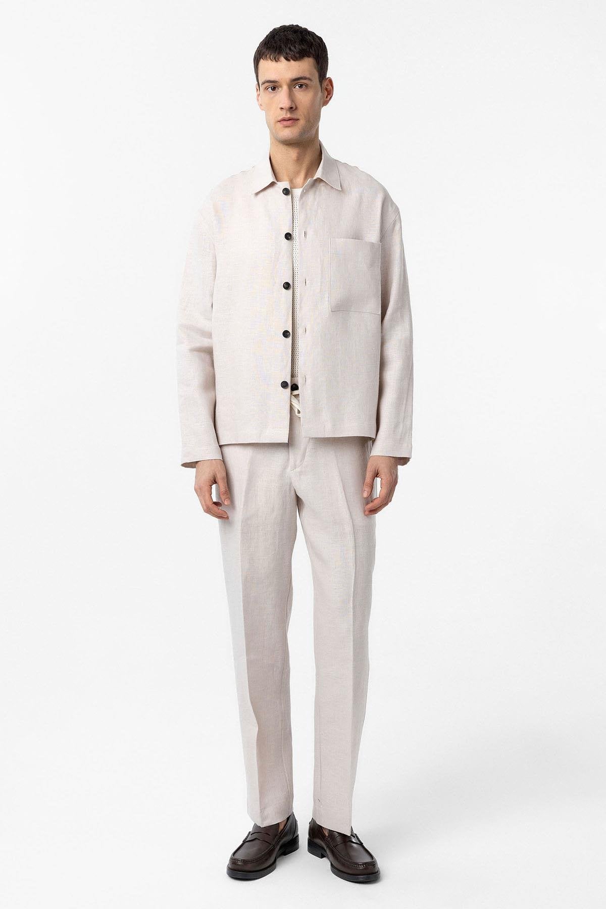 Antioch-Ekru 100% Keten Relax Fit Erkek İnce Ceket-Ceket-2-Milagron.com