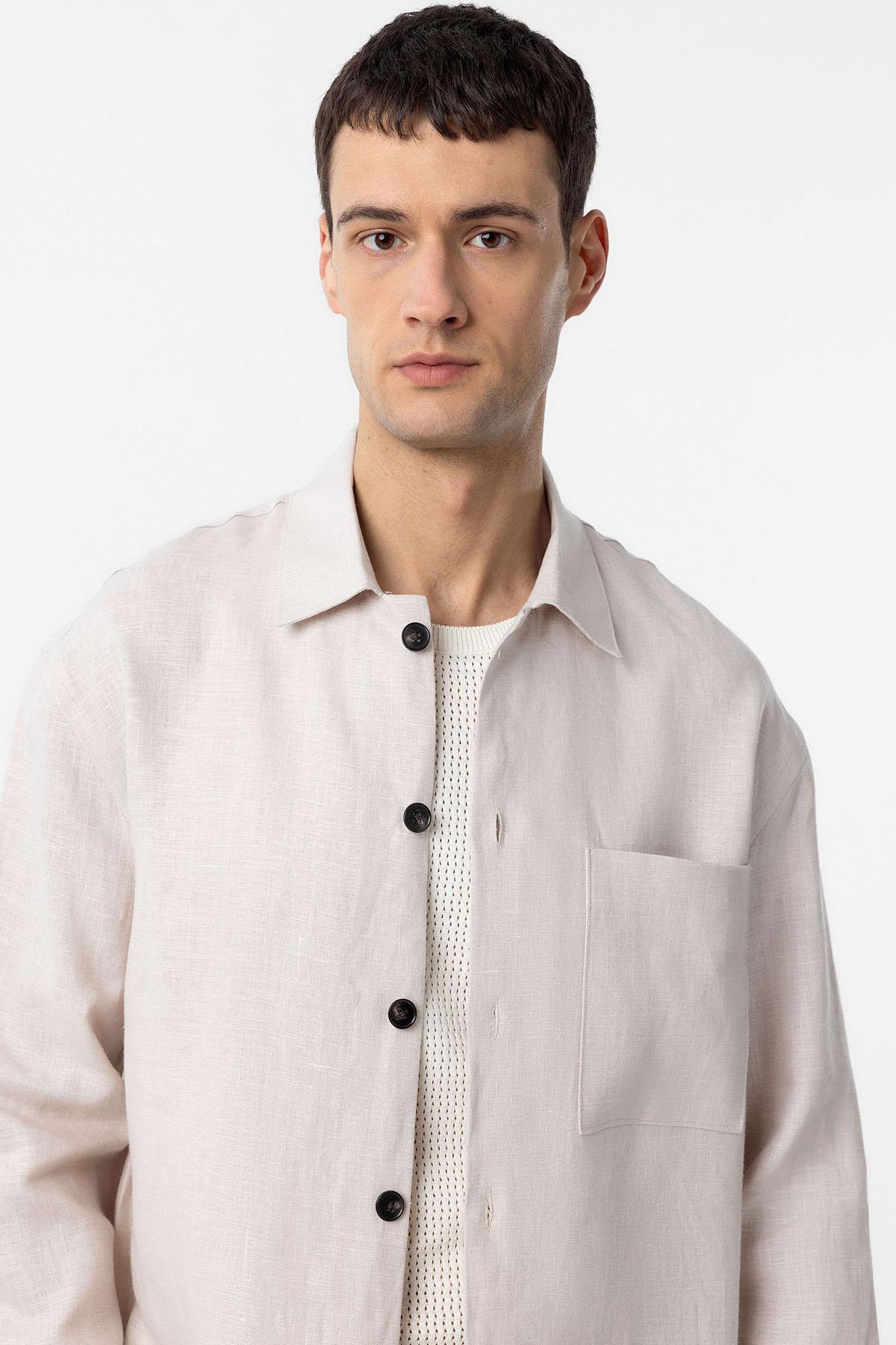 Antioch-Ekru 100% Keten Relax Fit Erkek İnce Ceket-Ceket-3-Milagron.com