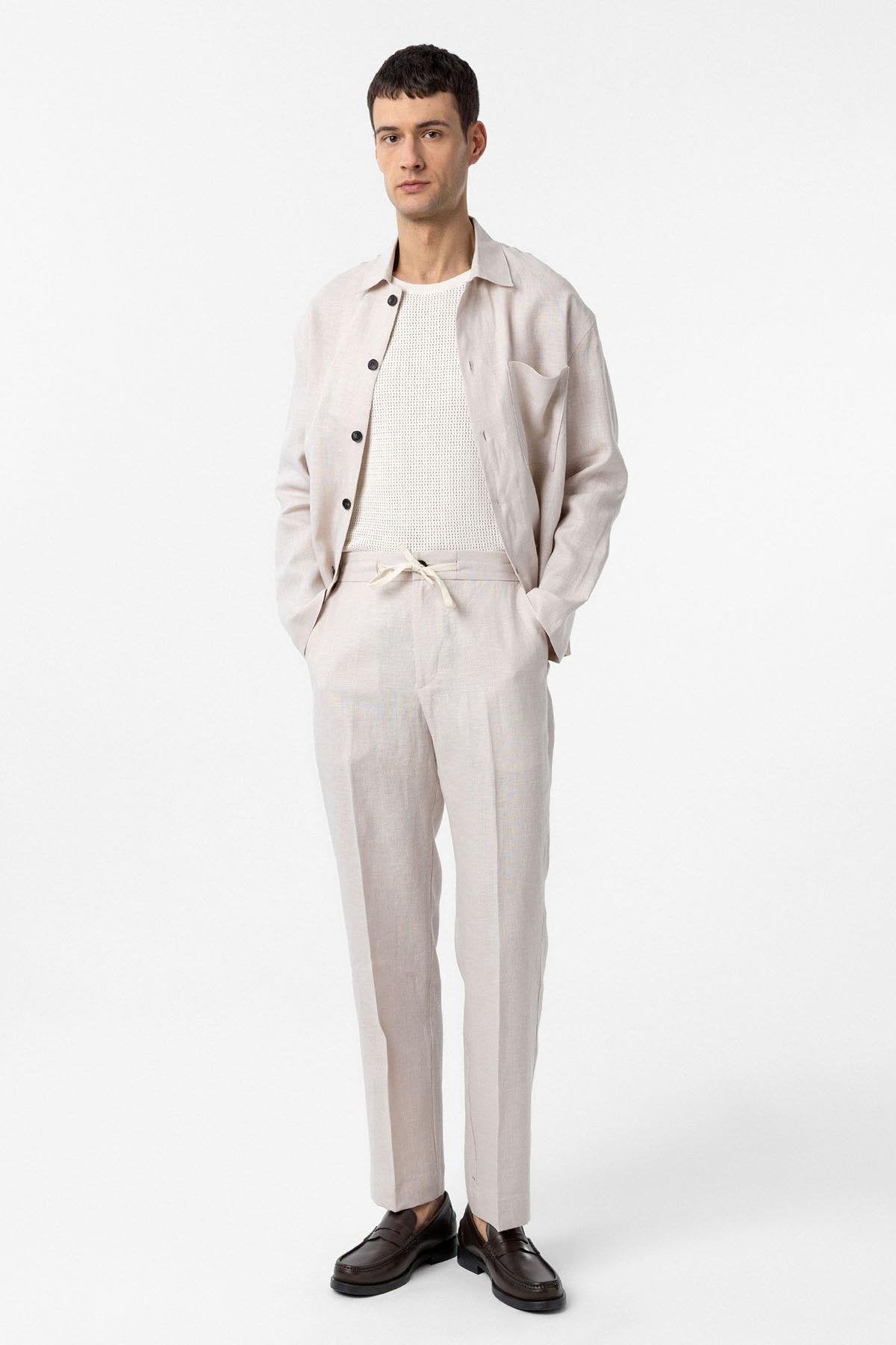 Antioch-Ekru 100% Keten Yüksek Bel Erkek Pantolon-Kumaş Pantolon-2-Milagron.com