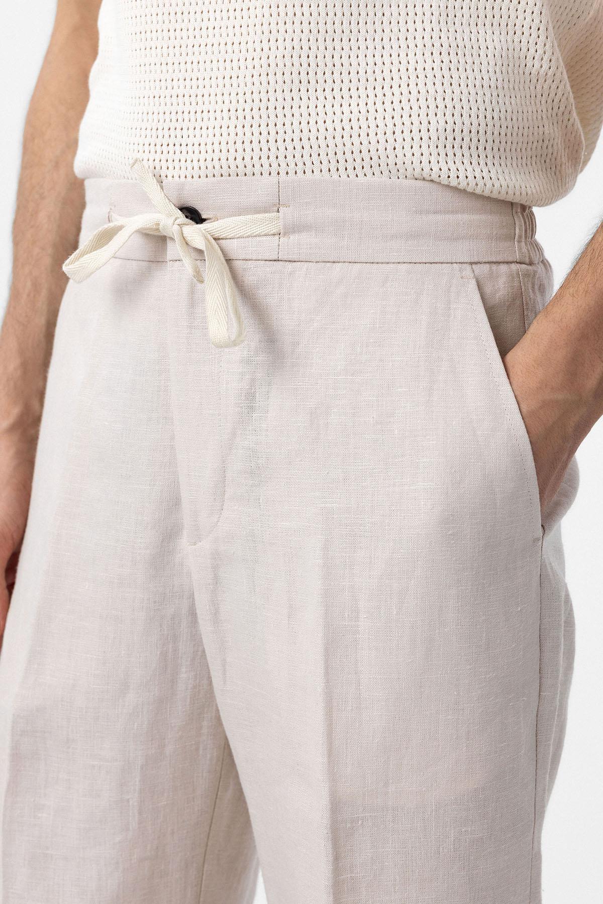 Antioch-Ekru 100% Keten Yüksek Bel Erkek Pantolon-Kumaş Pantolon-3-Milagron.com