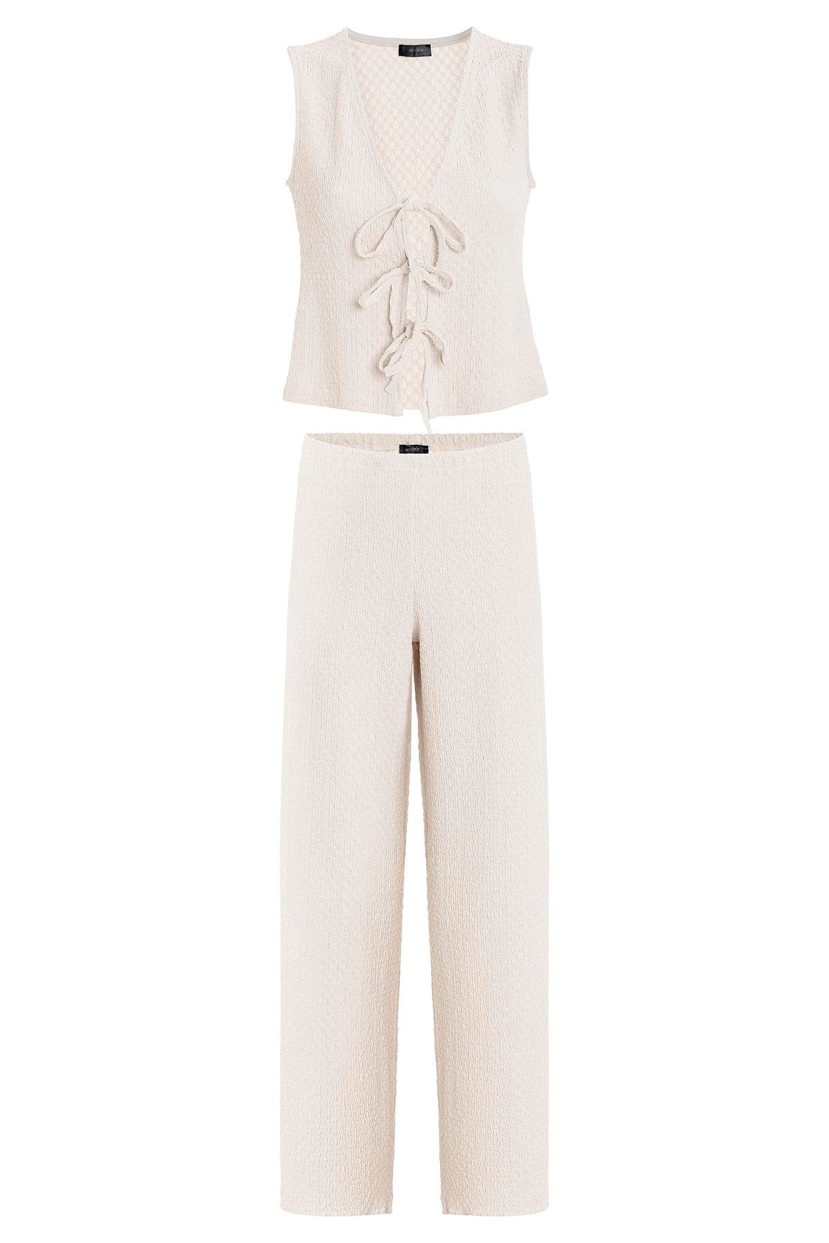 Antioch-Ekru Bağ Detaylı Dokulu Kadın Takım-Alt - Üst Takım-5-Milagron.com
