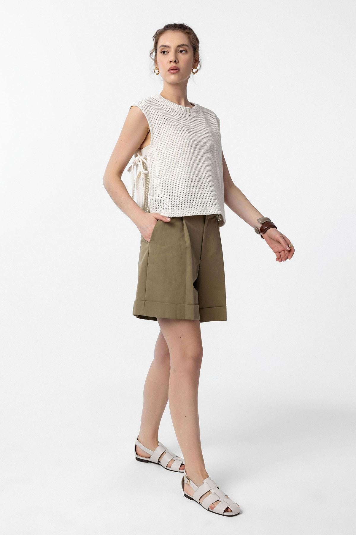 Antioch-Ekru Bağcıklı Örgü Dokulu Kadın Top-Top-2-Milagron.com