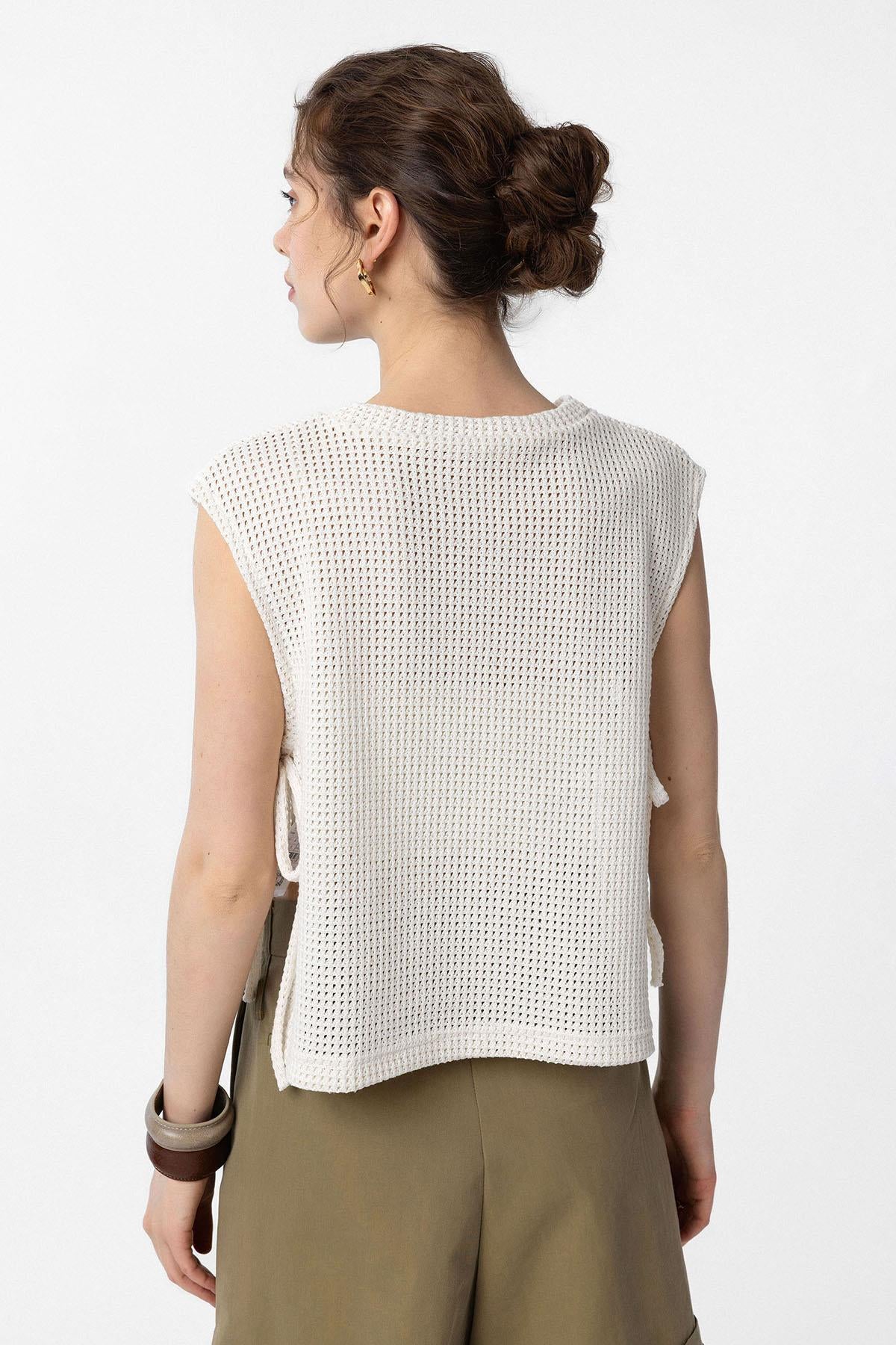 Antioch-Ekru Bağcıklı Örgü Dokulu Kadın Top-Top-4-Milagron.com
