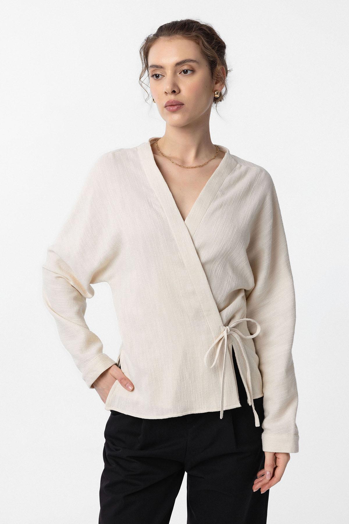 Antioch-Ekru Bağlamalı Kimono Kadın Gömlek-Gömlek-1-Milagron.com