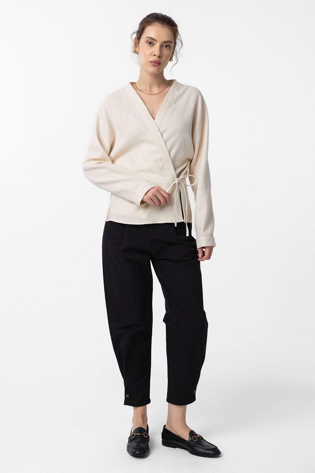 Antioch-Ekru Bağlamalı Kimono Kadın Gömlek-Gömlek-2-Milagron.com