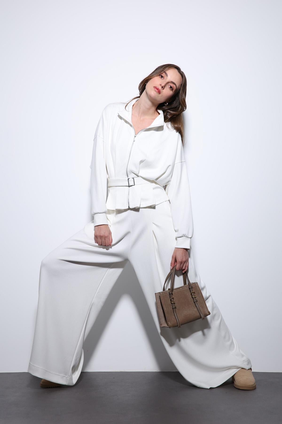 Antioch-Ekru Bel Kemerli Geniş Paça Pantolonlu Takım-Takım-1-Milagron.com