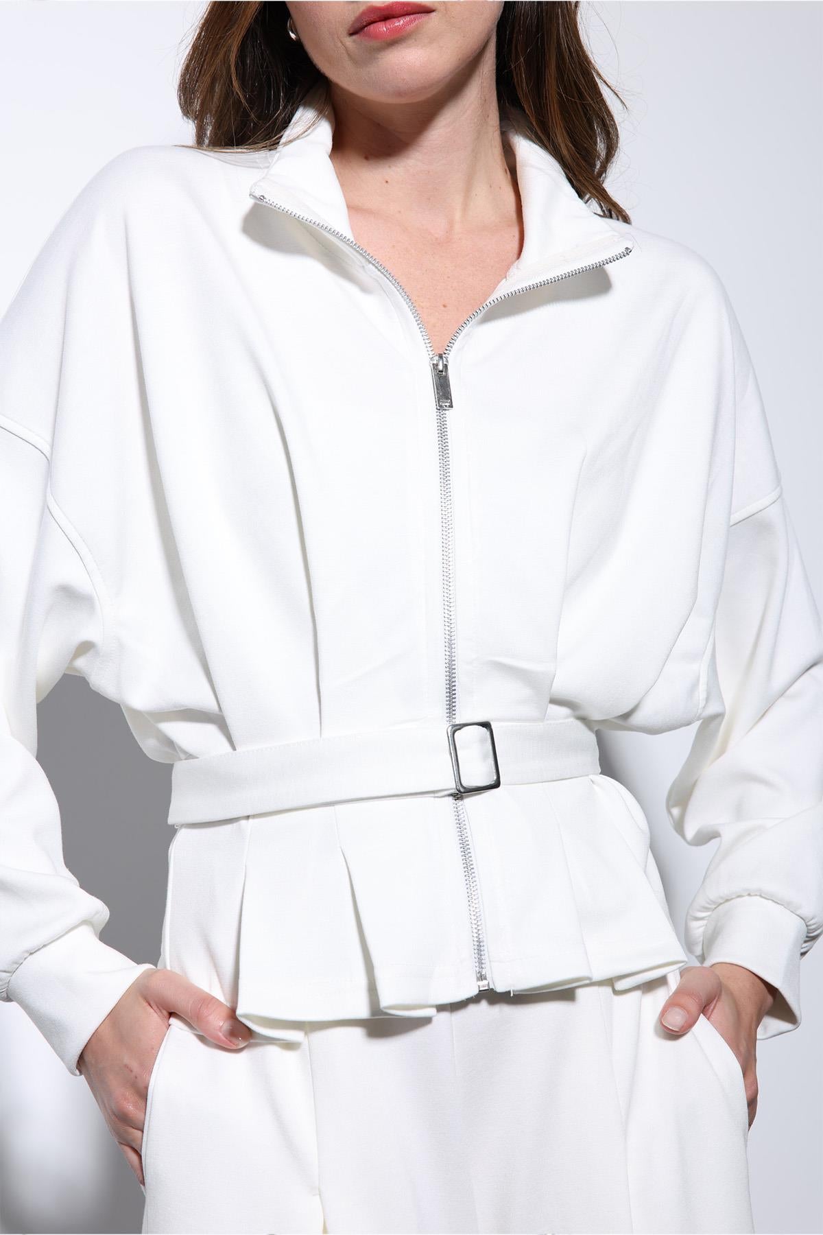 Antioch-Ekru Bel Kemerli Geniş Paça Pantolonlu Takım-Takım-7-Milagron.com