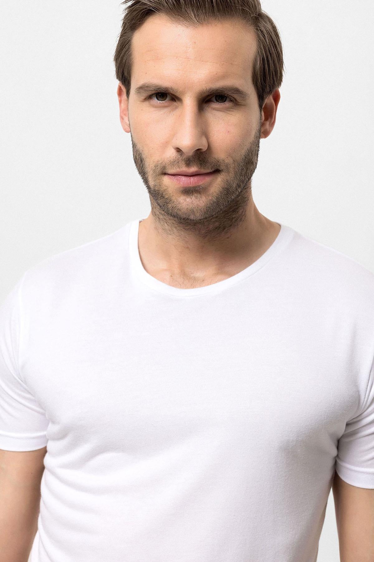 Antioch-Ekru Bisiklet Yaka Slim Fit Erkek T Shirt-T-Shirts-4-Milagron.com