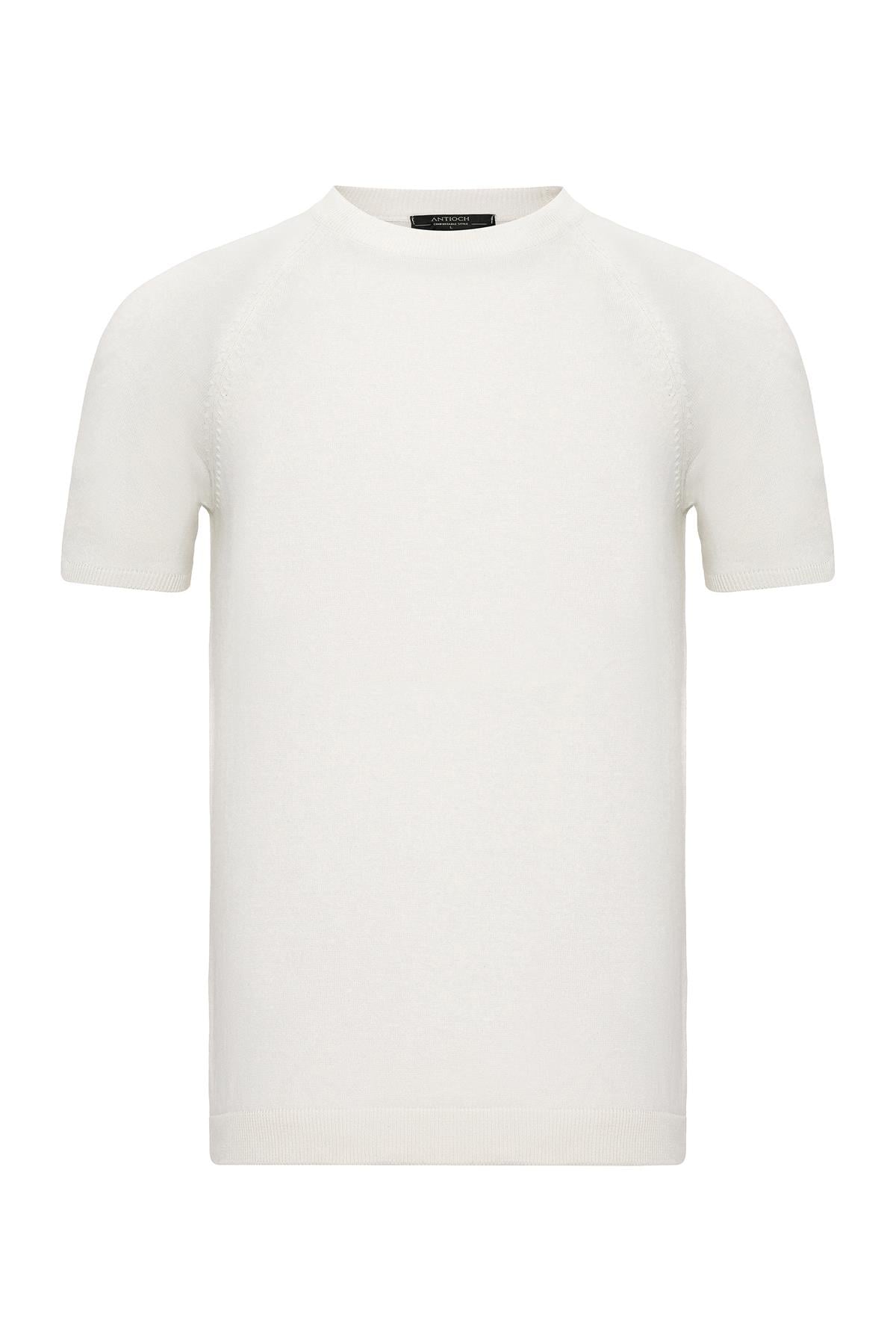 Ekru Bisiklet Yaka Triko T-Shirt - 1