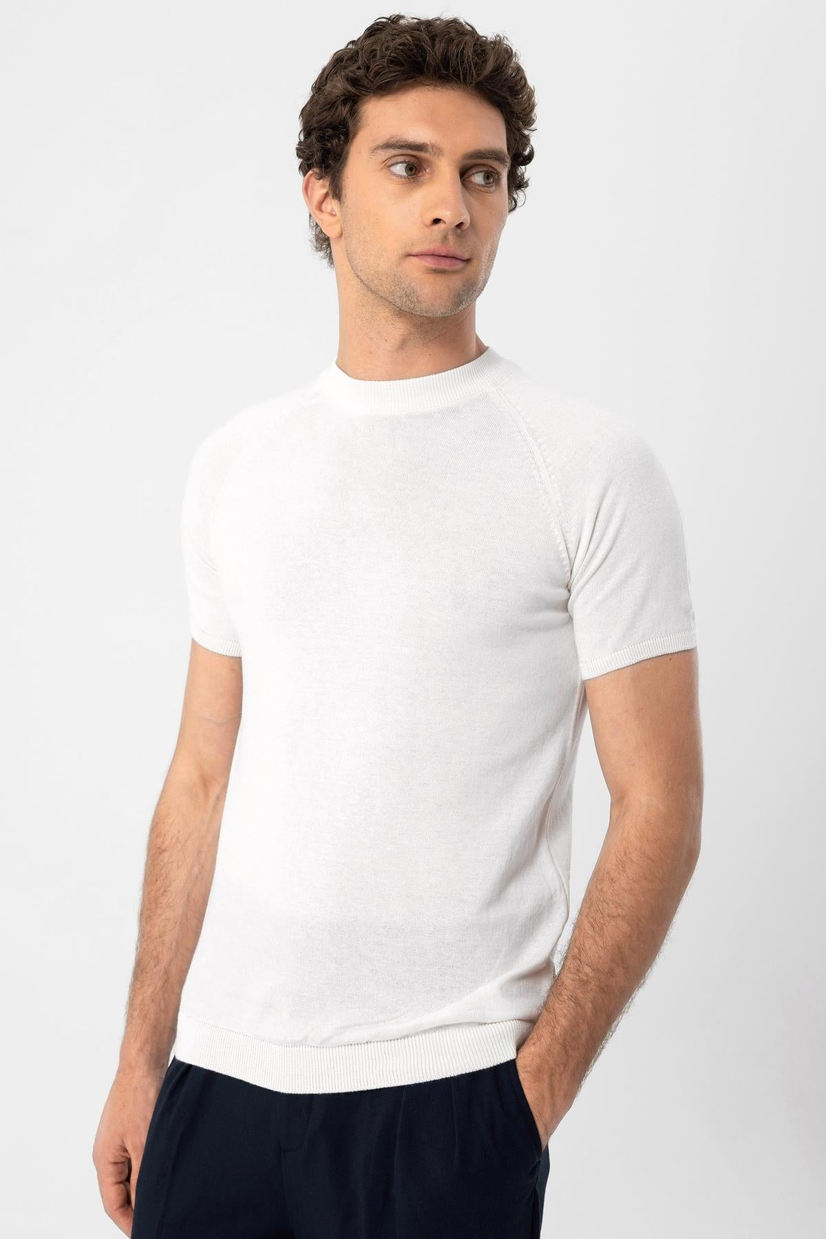 Ekru Bisiklet Yaka Triko T-Shirt - 4