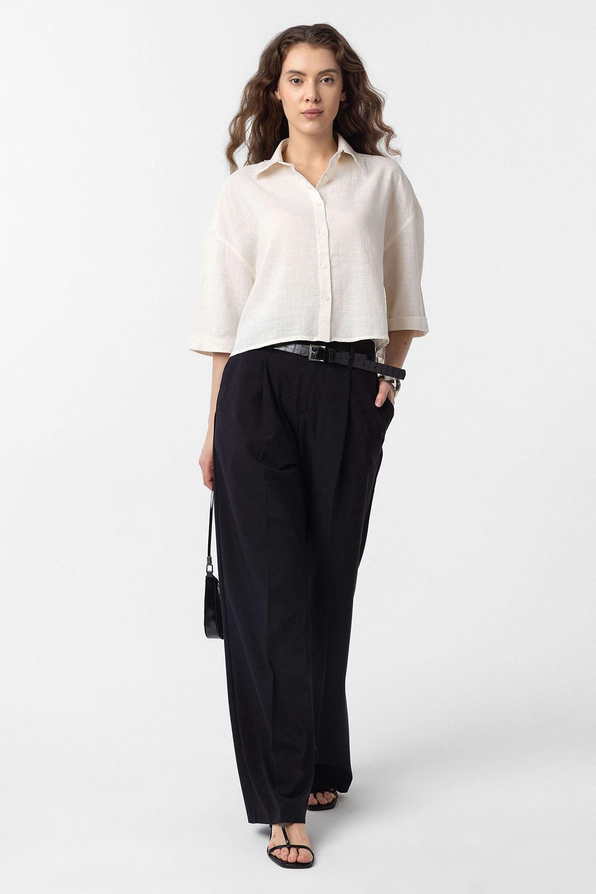 Antioch-Ekru Crop Dokulu Kadın Gömlek-Gömlek-2-Milagron.com