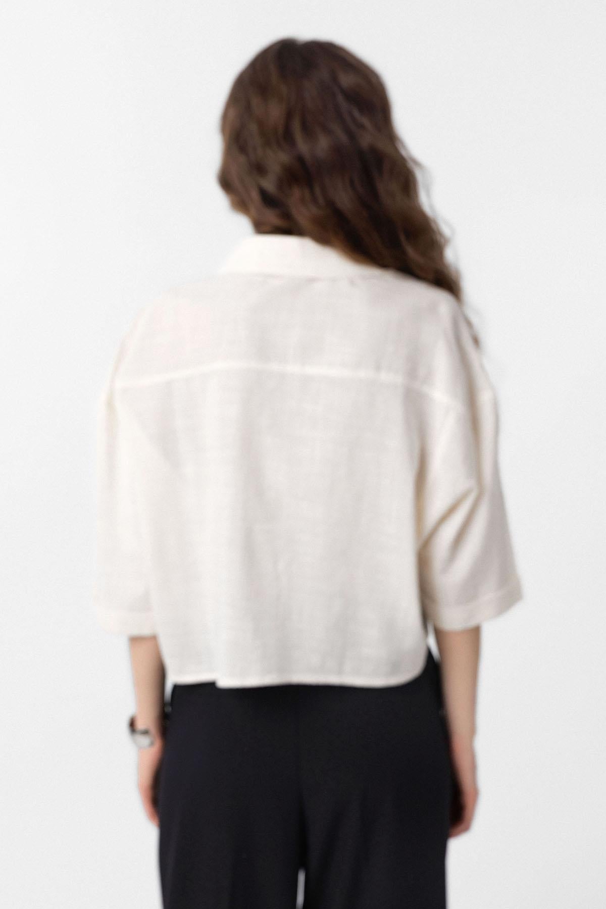 Antioch-Ekru Crop Dokulu Kadın Gömlek-Gömlek-4-Milagron.com