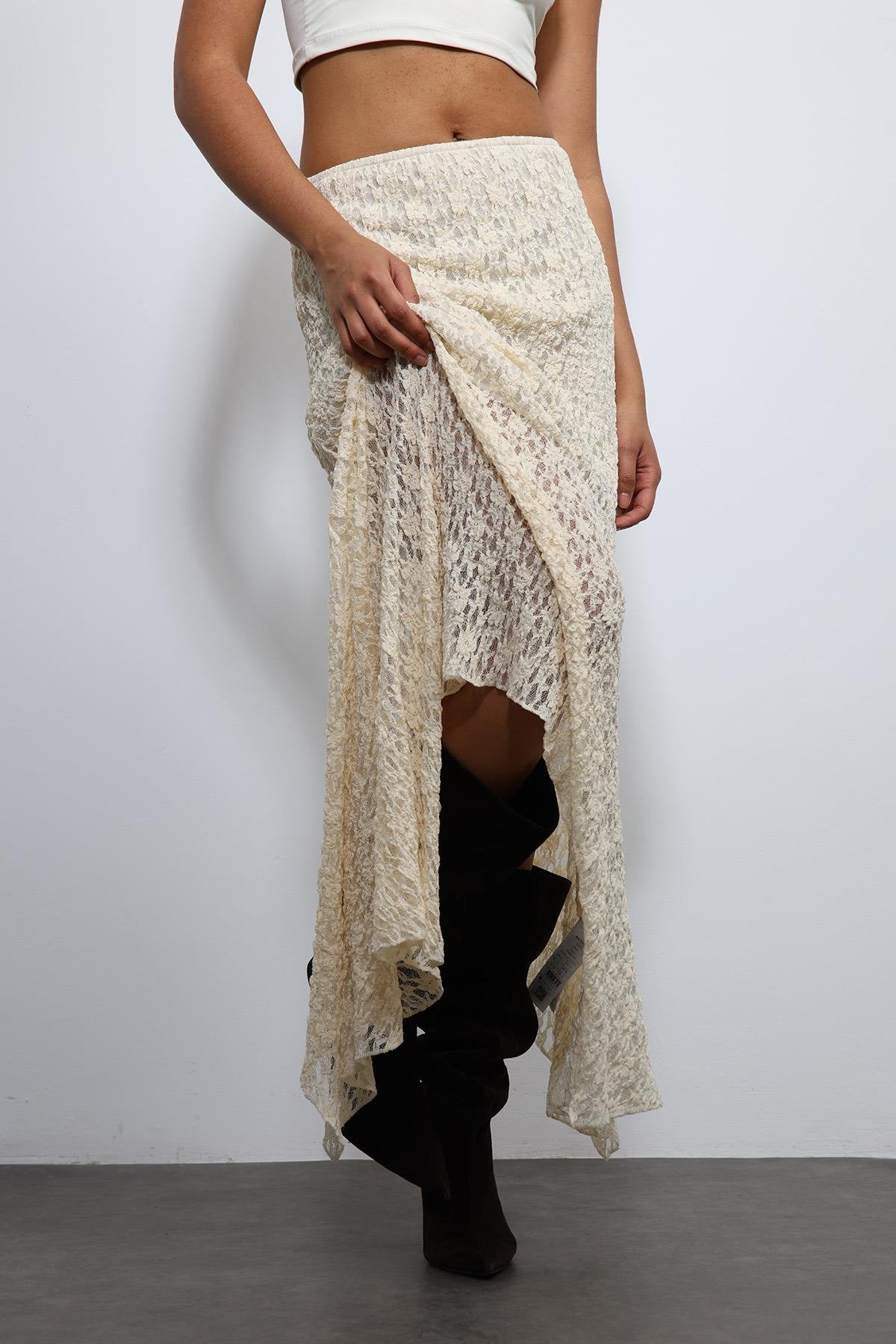 Antioch-Ekru Dantel Midi Etek-Etek-3-Milagron.com