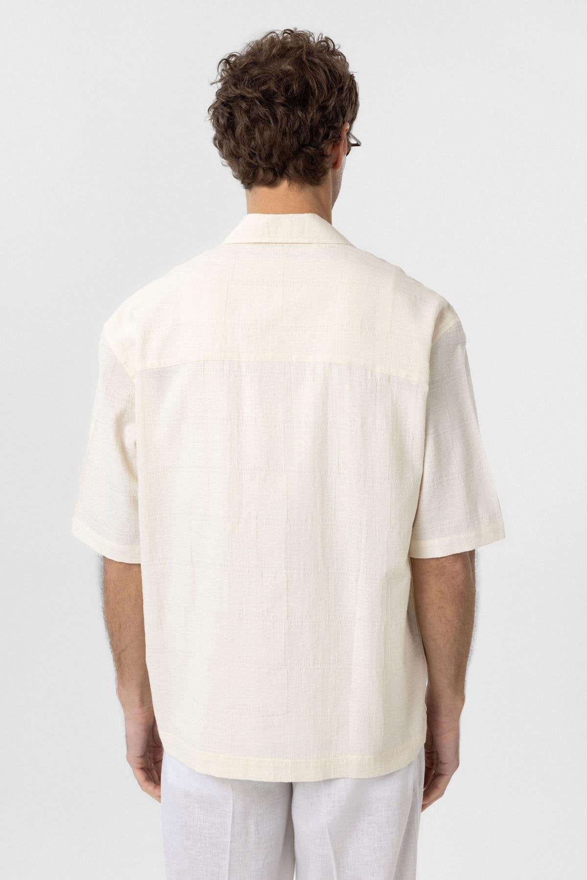 Antioch-Ekru Dokulu Jakarlı Pamuklu Erkek Kısa Kol Gömlek-Gömlek-10-Milagron.com