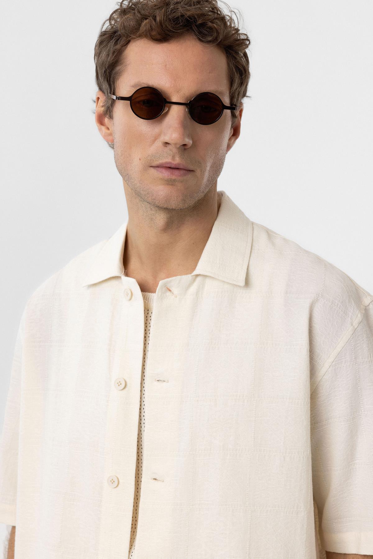 Antioch-Ekru Dokulu Jakarlı Pamuklu Erkek Kısa Kol Gömlek-Gömlek-7-Milagron.com