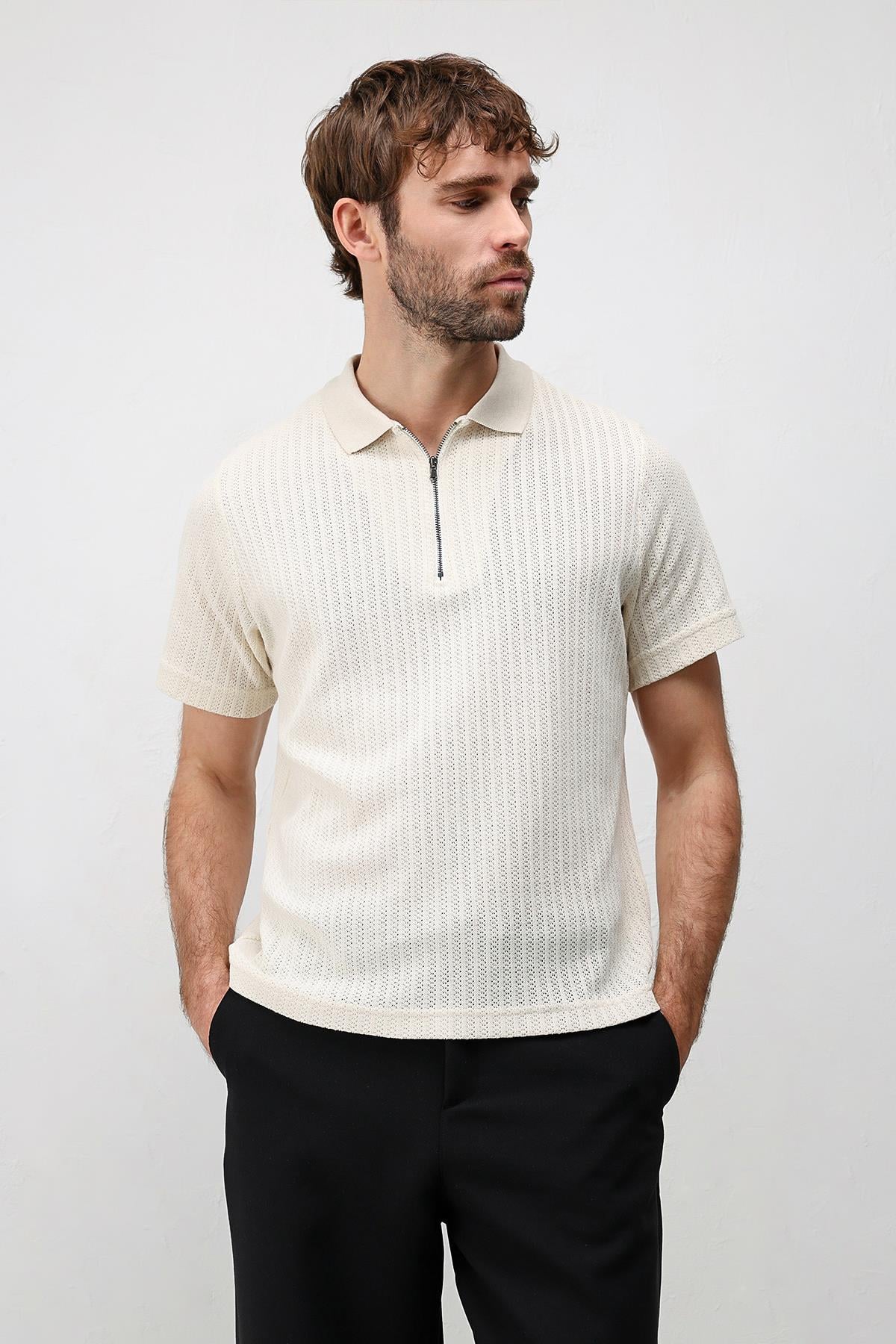 Antioch Ekru Dokulu Örme Polo Yaka Erkek T-Shirt