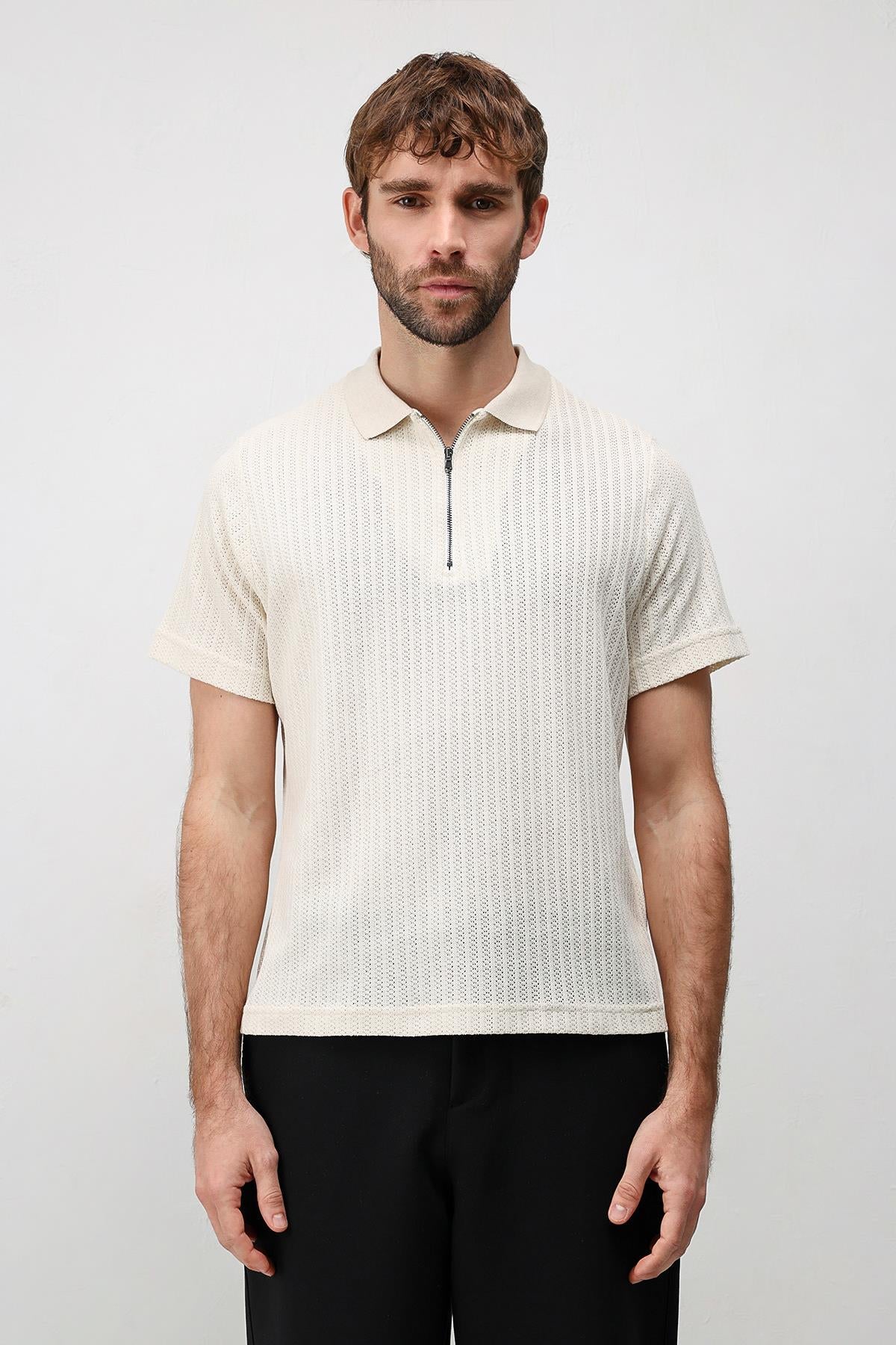 Antioch Ekru Dokulu Örme Polo Yaka Erkek T-Shirt