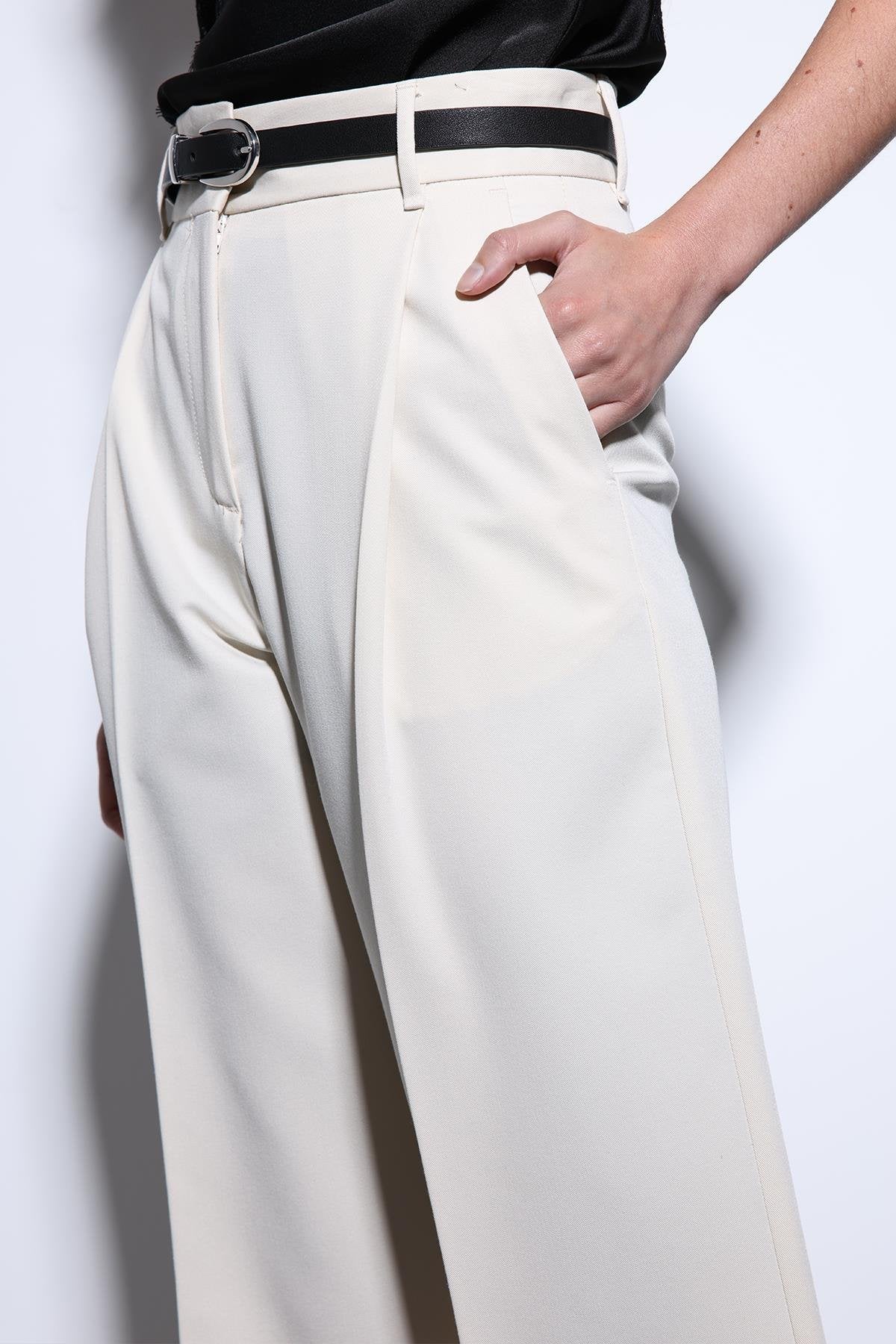 Antioch-Antioch Ekru Geniş Paça Kadın Pantolon-Kumaş Pantolon-4-Milagron.com