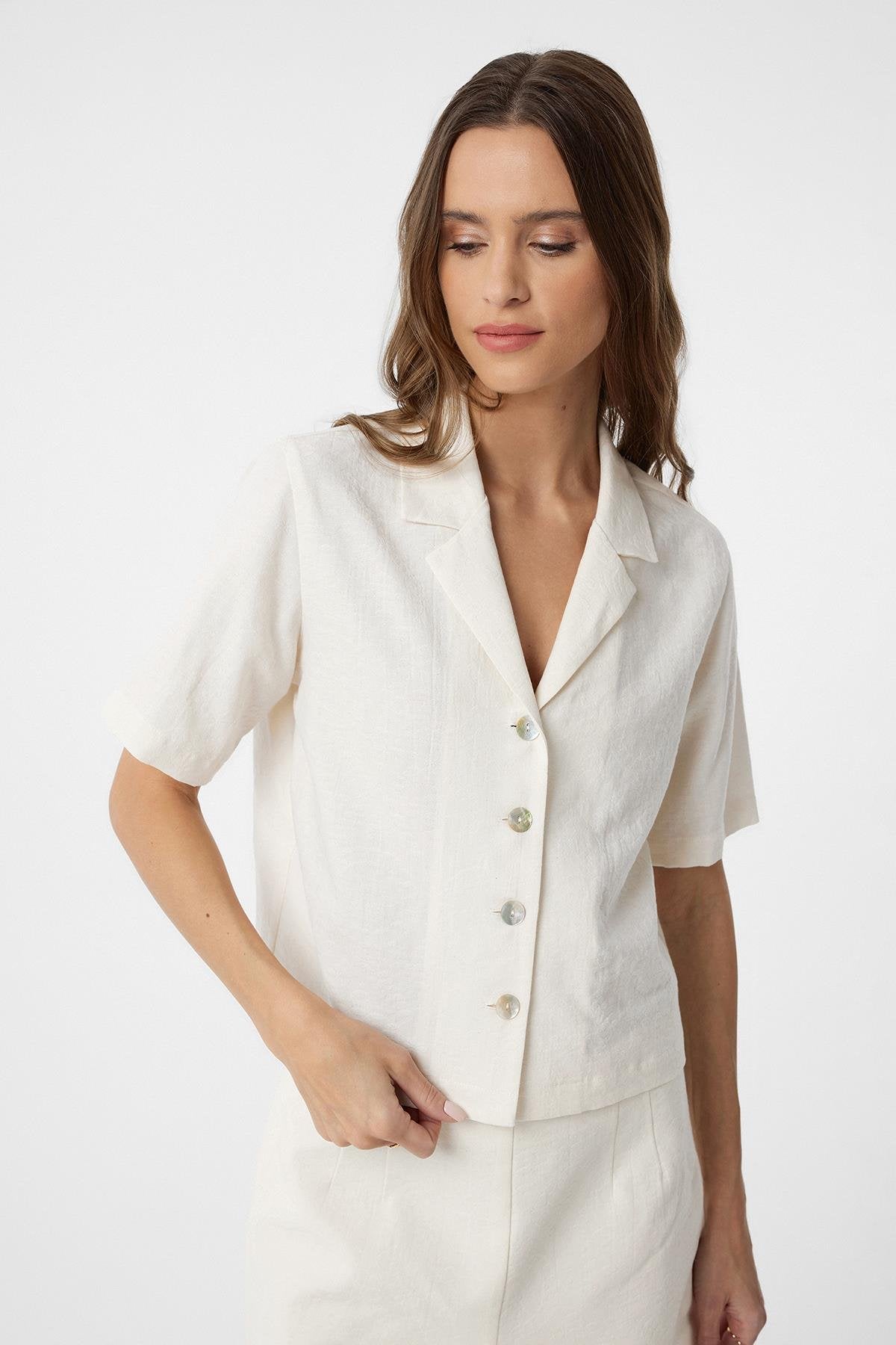 Antioch-Ekru Gömlek Şort Kadın Takım-Alt - Üst Takım-5-Milagron.com