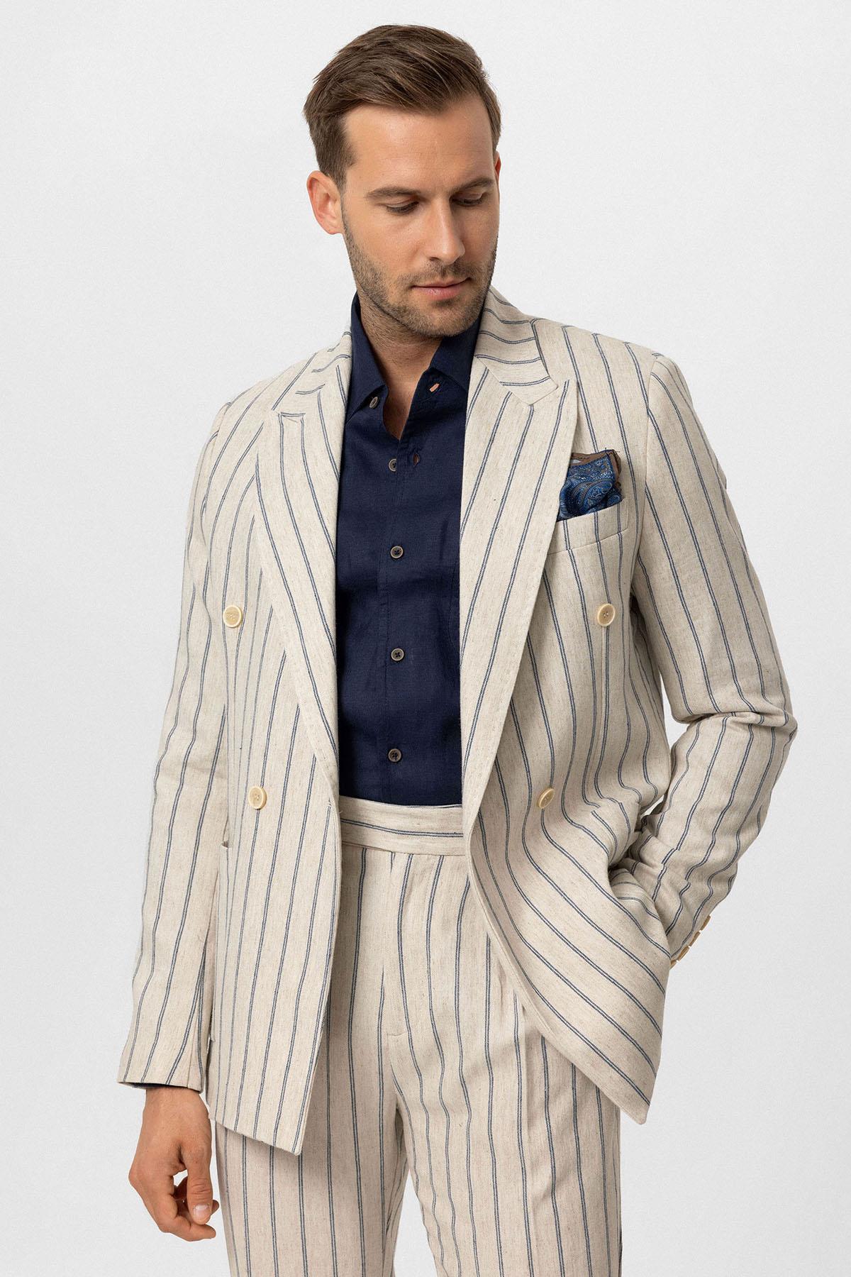 Antioch-Ekru Indigo Keten Karışımlı Kruvaze Kapama Erkek Blazer Ceket-Blazer Ceket-4-Milagron.com