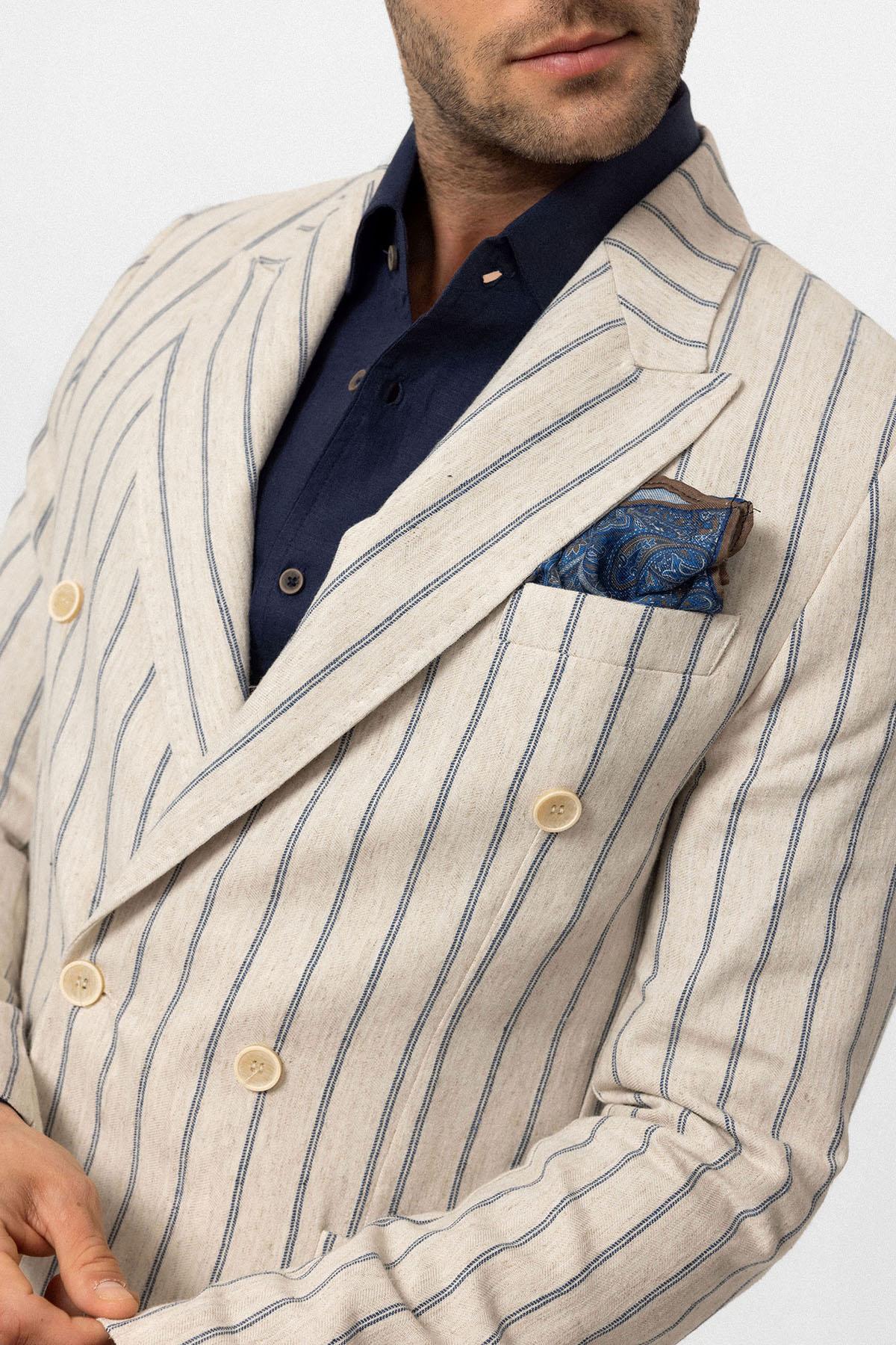 Antioch-Ekru Indigo Keten Karışımlı Kruvaze Kapama Erkek Blazer Ceket-Blazer Ceket-5-Milagron.com