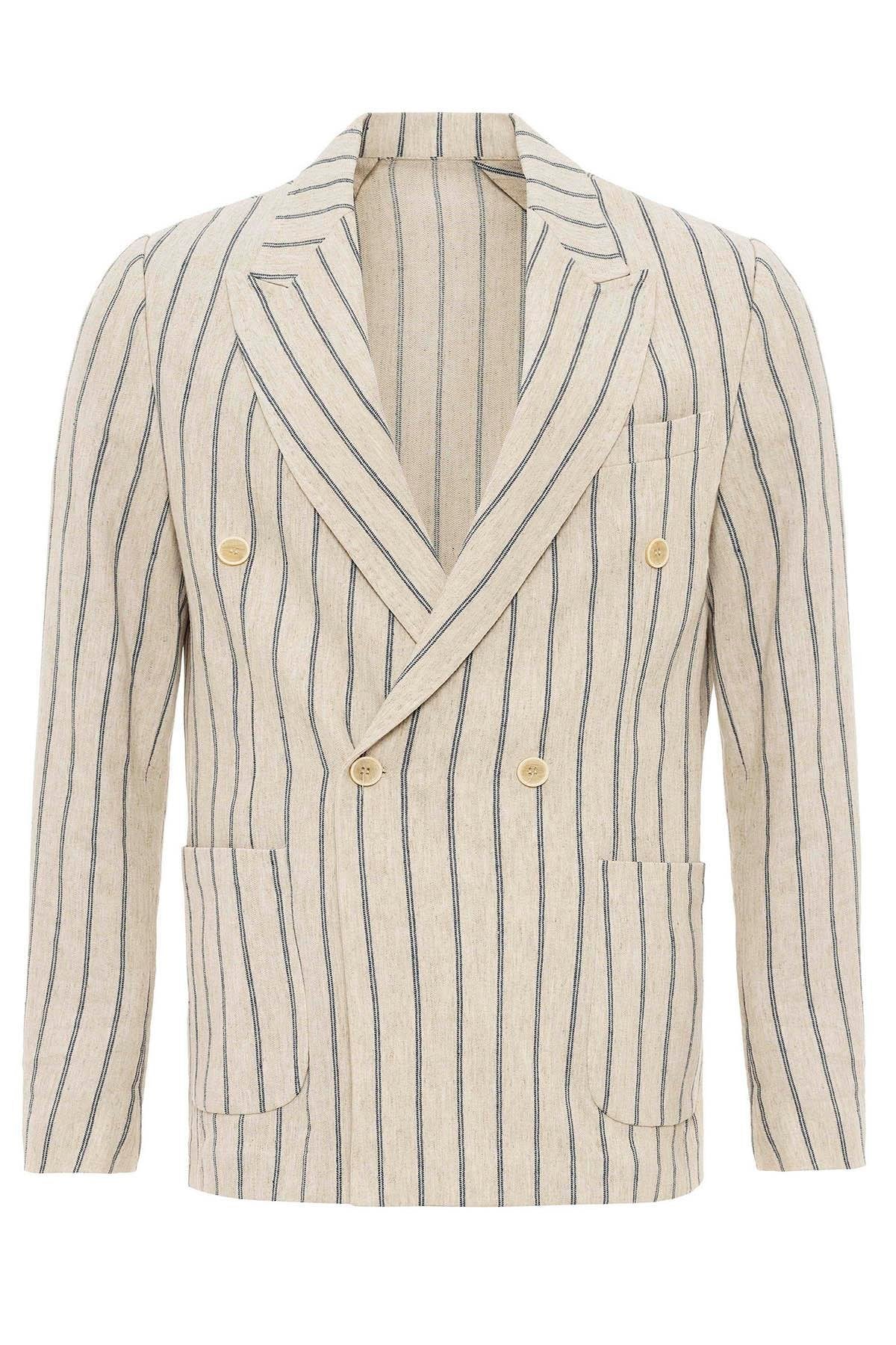 Antioch-Ekru Indigo Keten Karışımlı Kruvaze Kapama Erkek Blazer Ceket-Blazer Ceket-7-Milagron.com