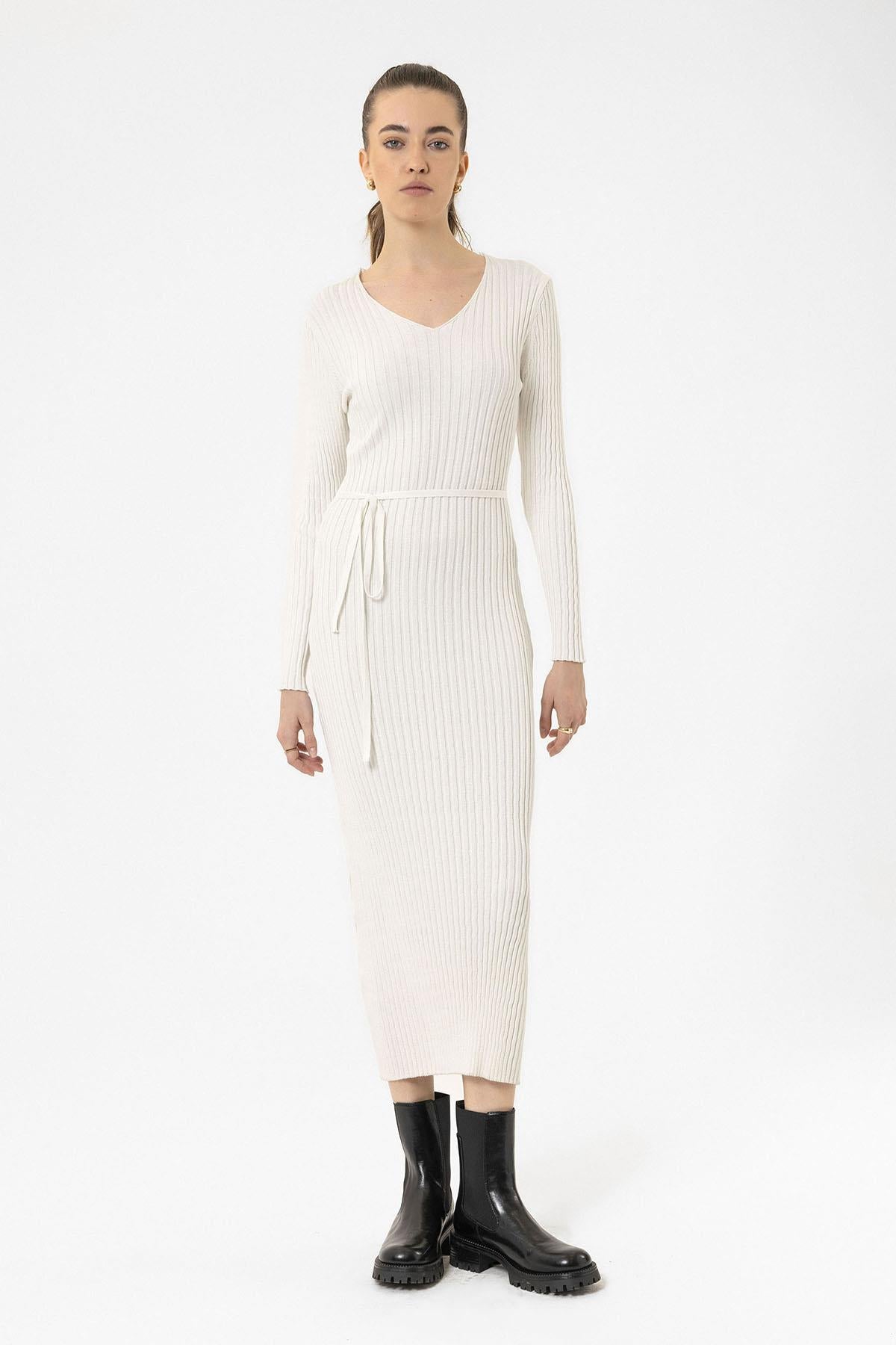 Antioch-Ekru Kadın Fitilli Midi Triko Elbise-Elbise-3-Milagron.com