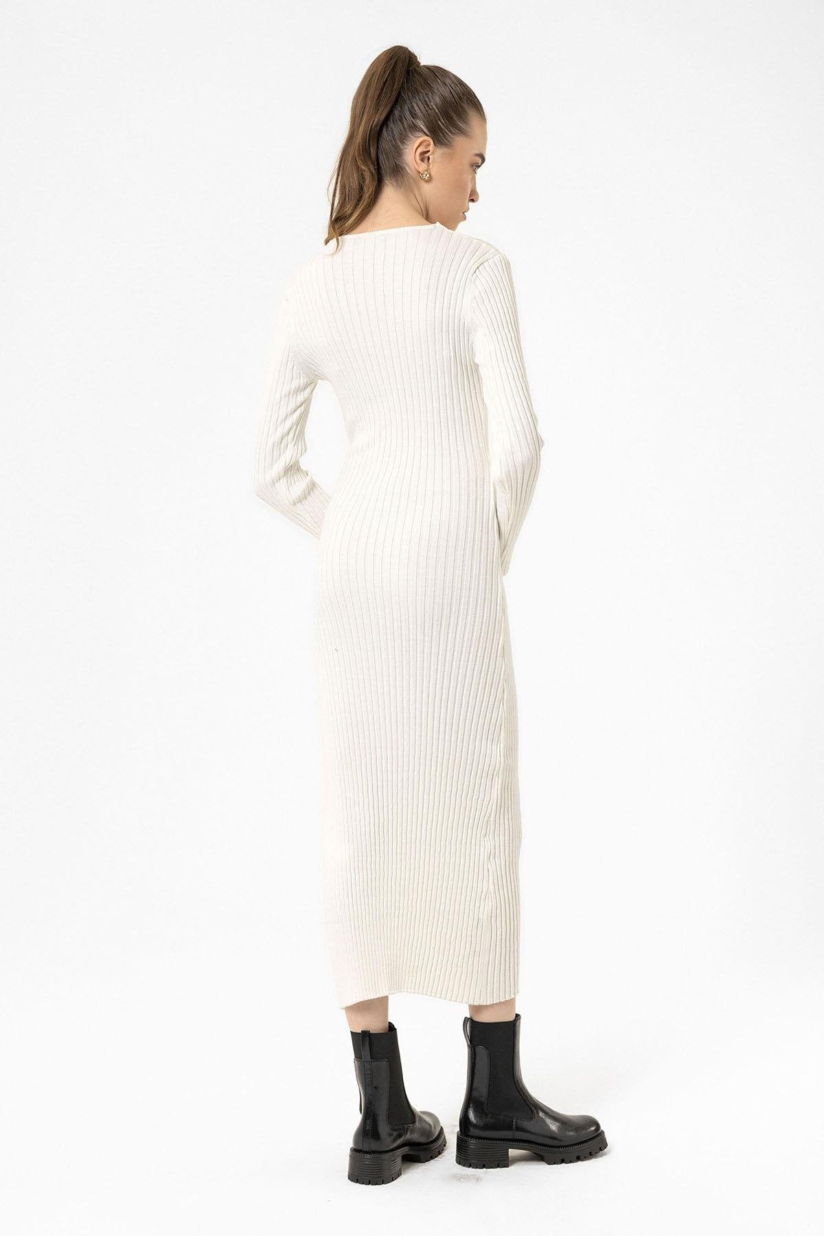 Antioch-Ekru Kadın Fitilli Midi Triko Elbise-Elbise-7-Milagron.com