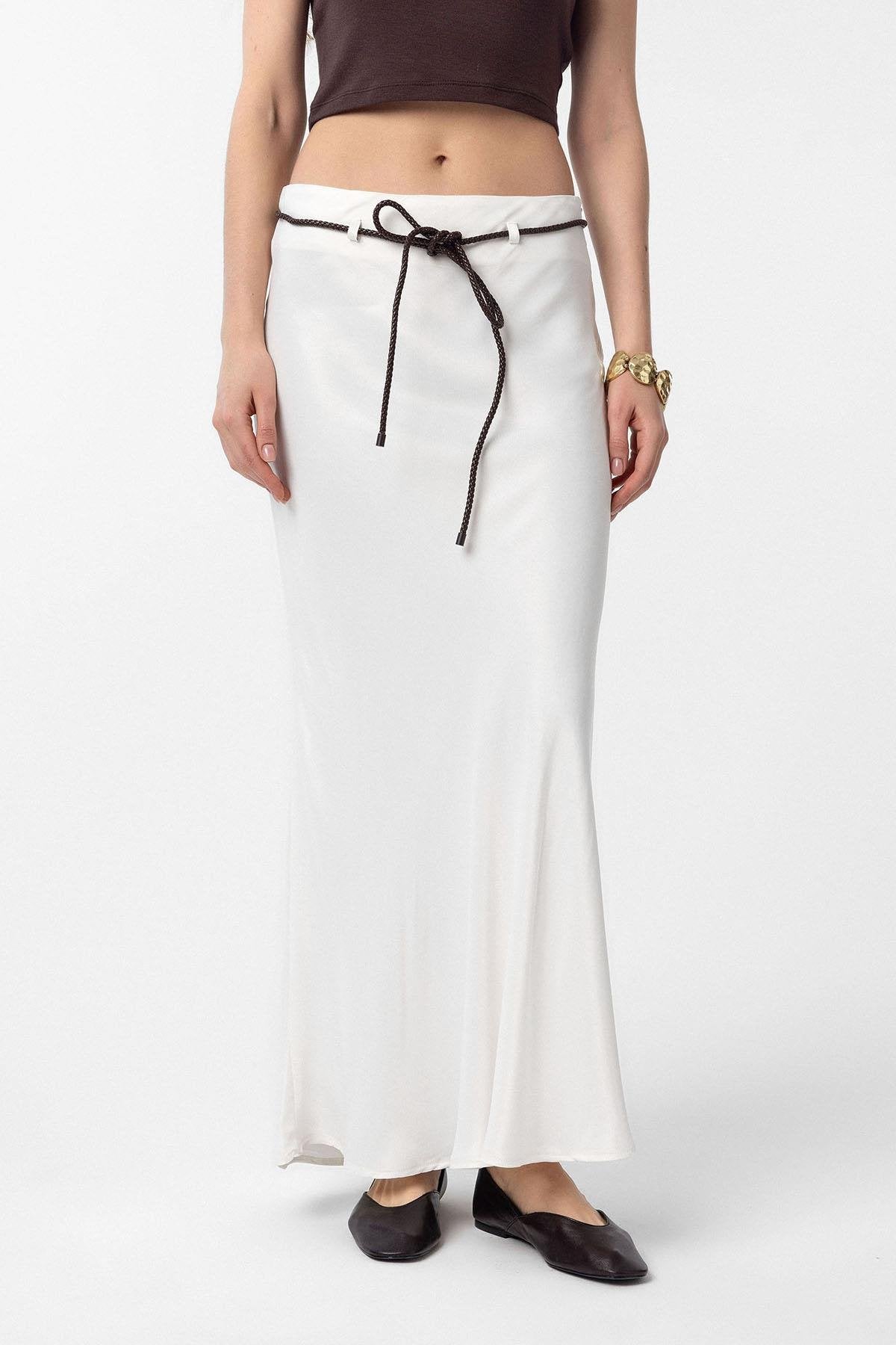 Antioch-Ekru Kemerli Saten Uzun Kadın Etek-Etek-1-Milagron.com