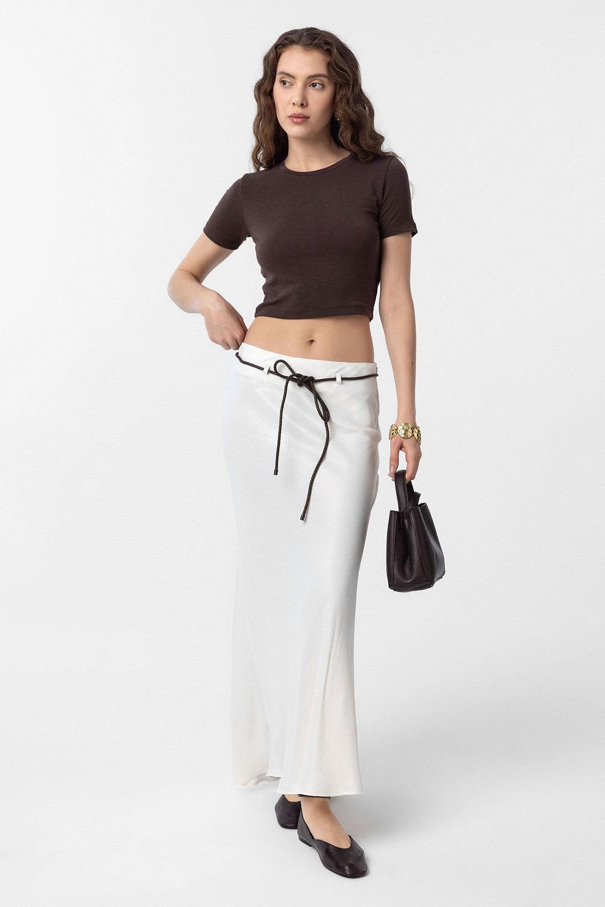 Antioch-Ekru Kemerli Saten Uzun Kadın Etek-Etek-2-Milagron.com