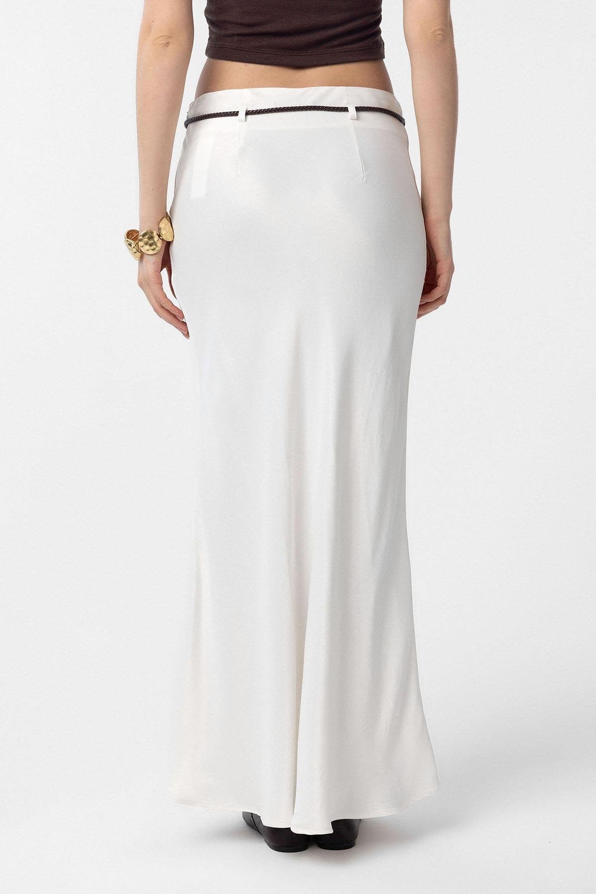 Antioch-Ekru Kemerli Saten Uzun Kadın Etek-Etek-4-Milagron.com