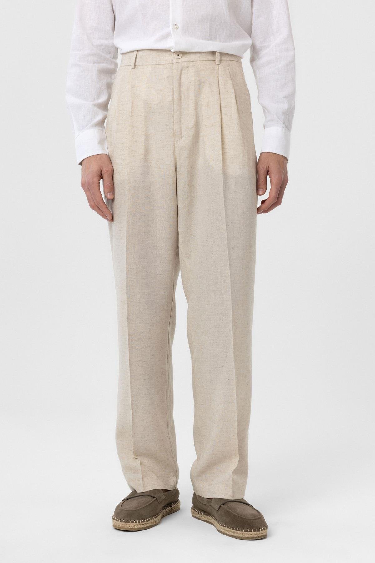 Antioch-Ekru Keten Karışımlı Erkek Baggy Pantolon-Kumaş Pantolon-1-Milagron.com