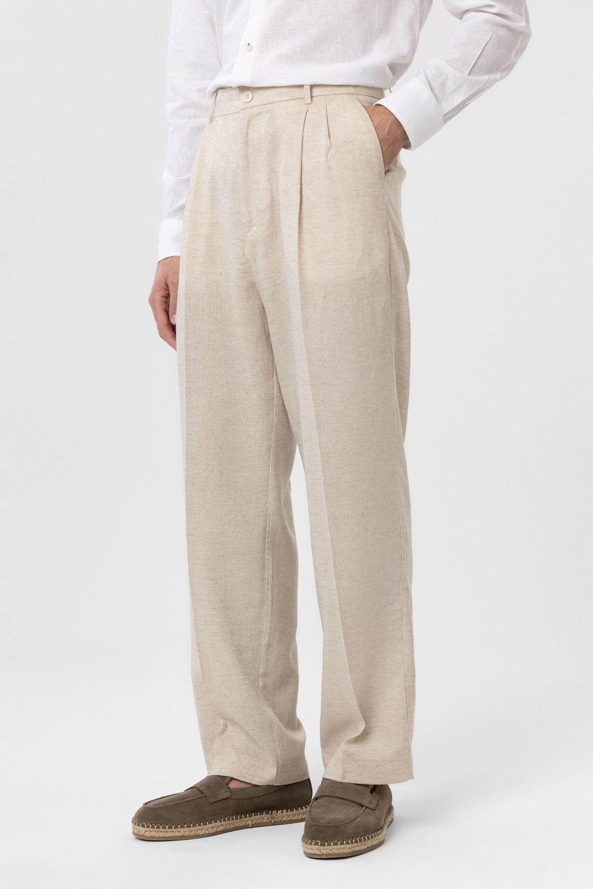 Antioch-Ekru Keten Karışımlı Erkek Baggy Pantolon-Kumaş Pantolon-2-Milagron.com